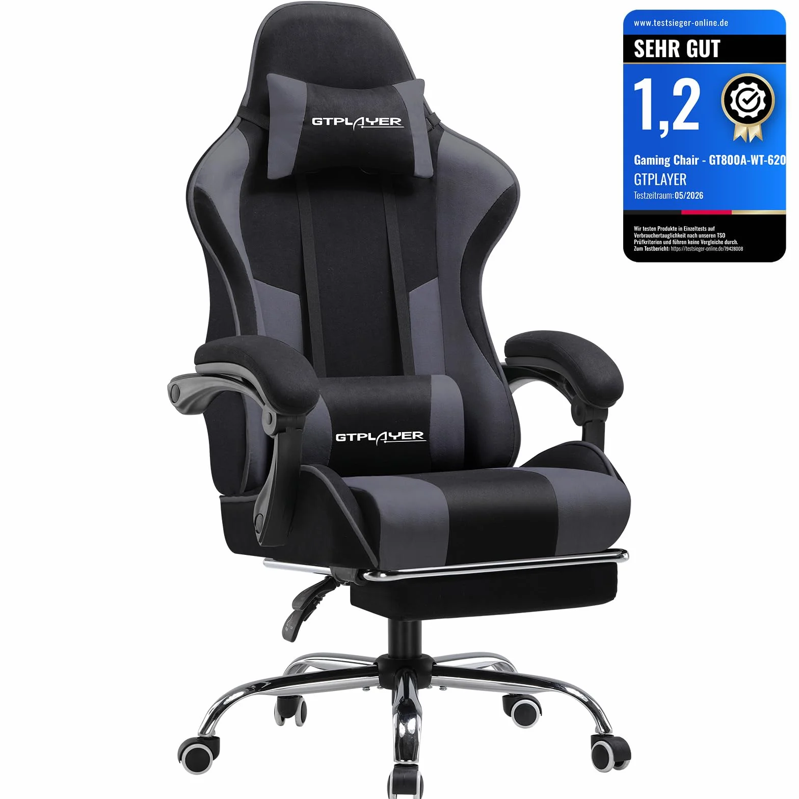 GTPLAYER Silla Gaming con Masajeador Ergonómica Silla Gamer con Reposapiés Reposacabeza, Silla de Oficina Ergonómica, Soporte Lumbar, Silla Juego Ajustable en Altura, Tela Gris