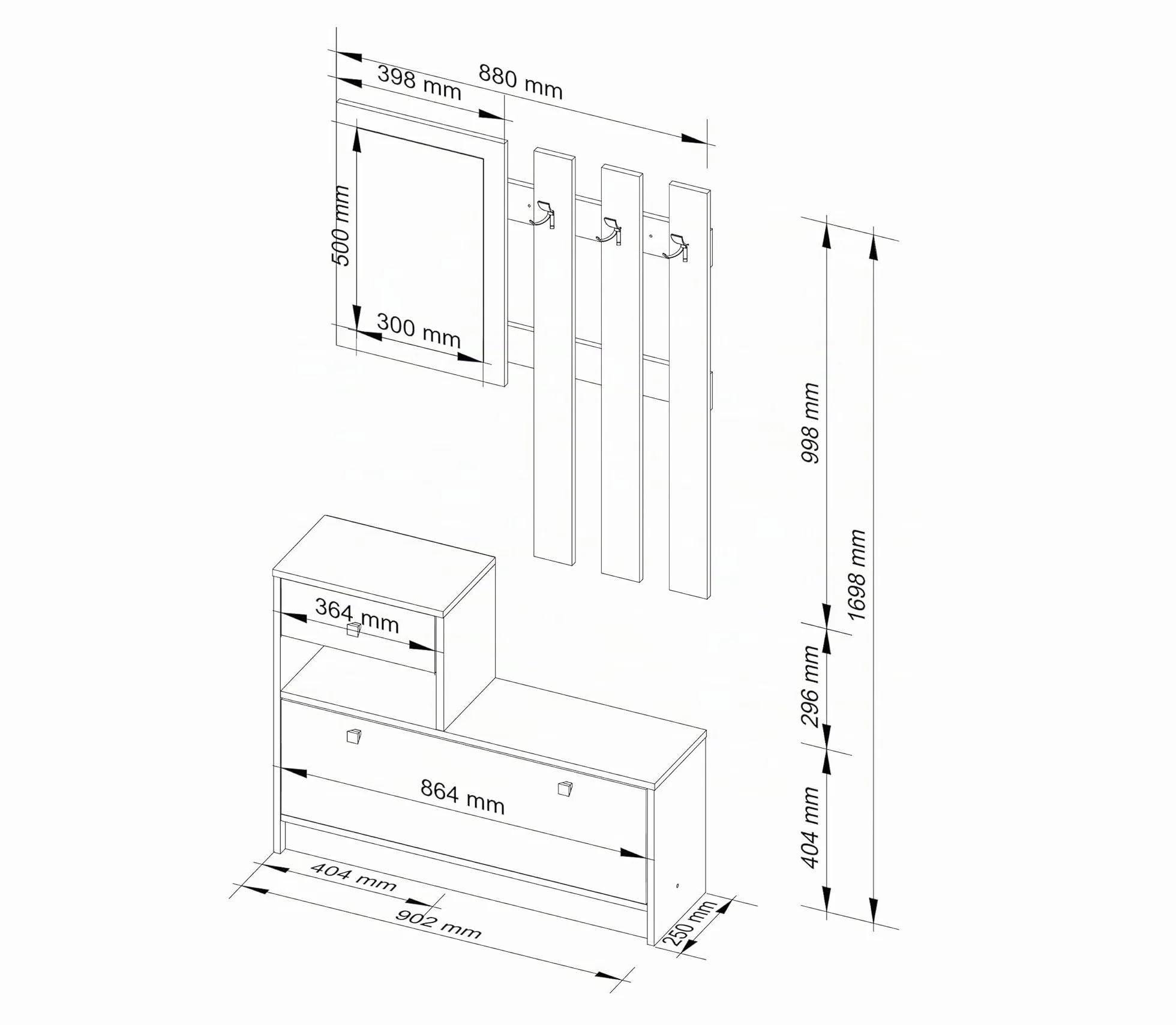 AKORD | Conjunto de Zapatero y Perchero | Zapatero con 1 Compartimento y 1 nicho con 1 cajón 90 x 70 x 25 cm | Pared con Espejo 90 x 100 cm | Set Completo de Entrada | Peso 39 kg | Roble Sonoma