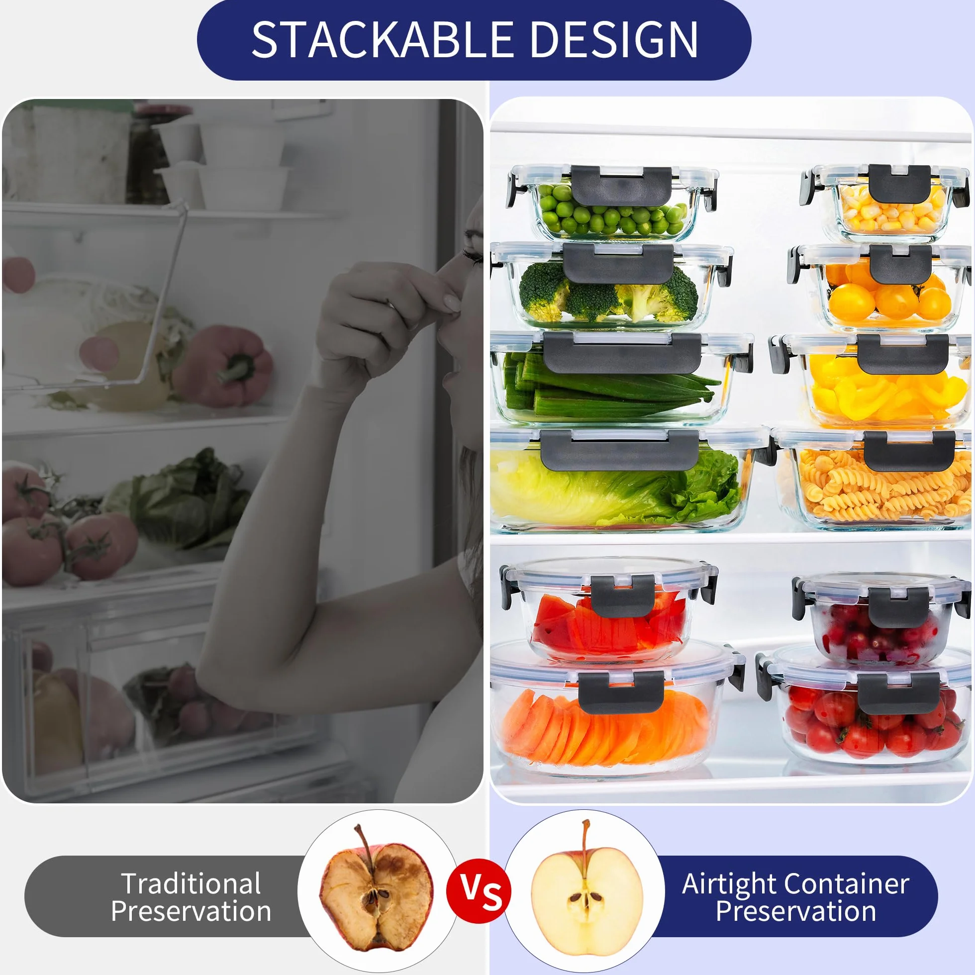 MFY Juego de 10 recipientes de cristal con tapa, herméticos, aptos para microondas, horno, congelador y lavavajillas, color blanco