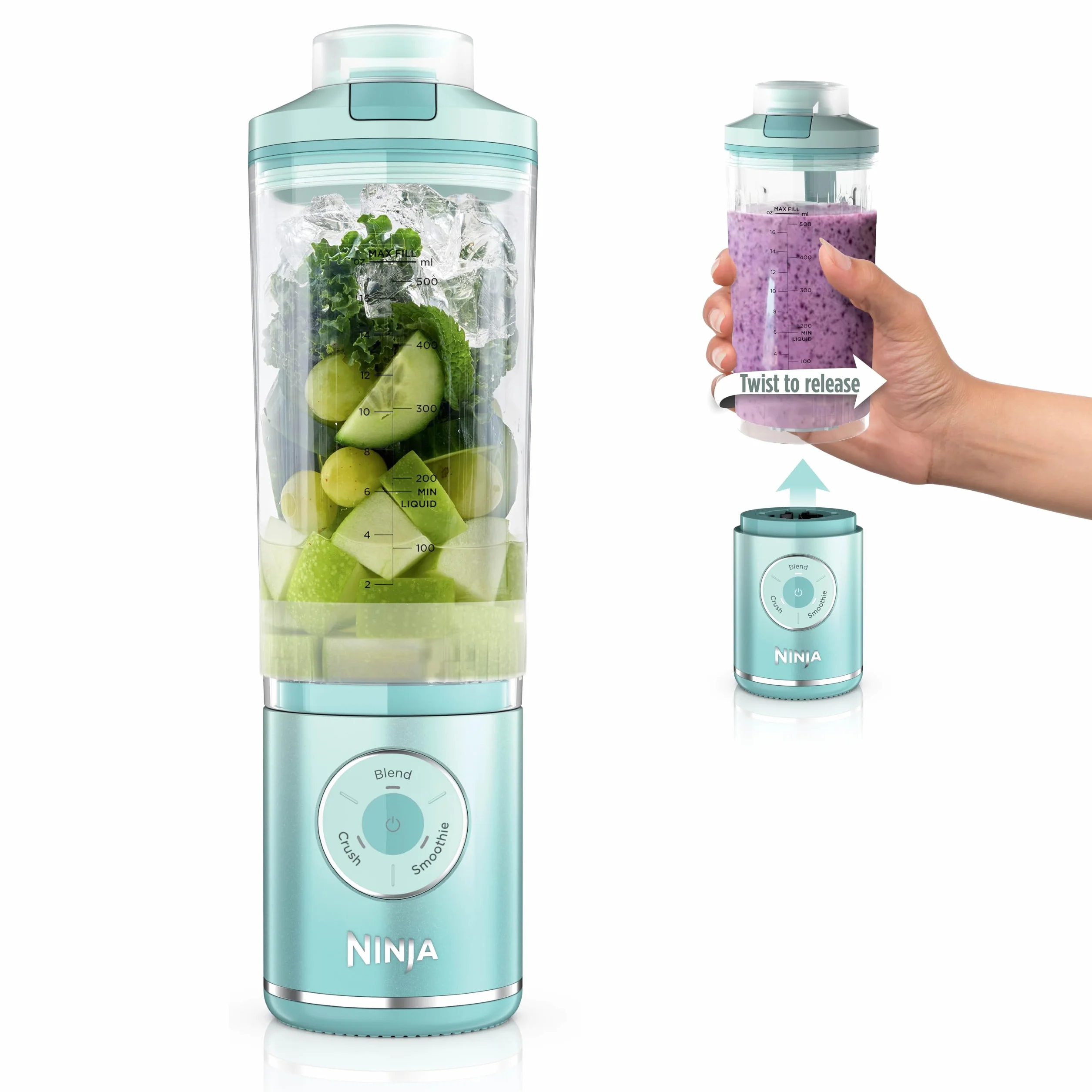 Ninja Blast Max - Batidora portátil + Twist & Go - Mezcladora personal Ninja Blender Licuadora Hielo 3 Programas Inalámbrico Desmontable 650 ml Contenedor Apto para Lavavajillas