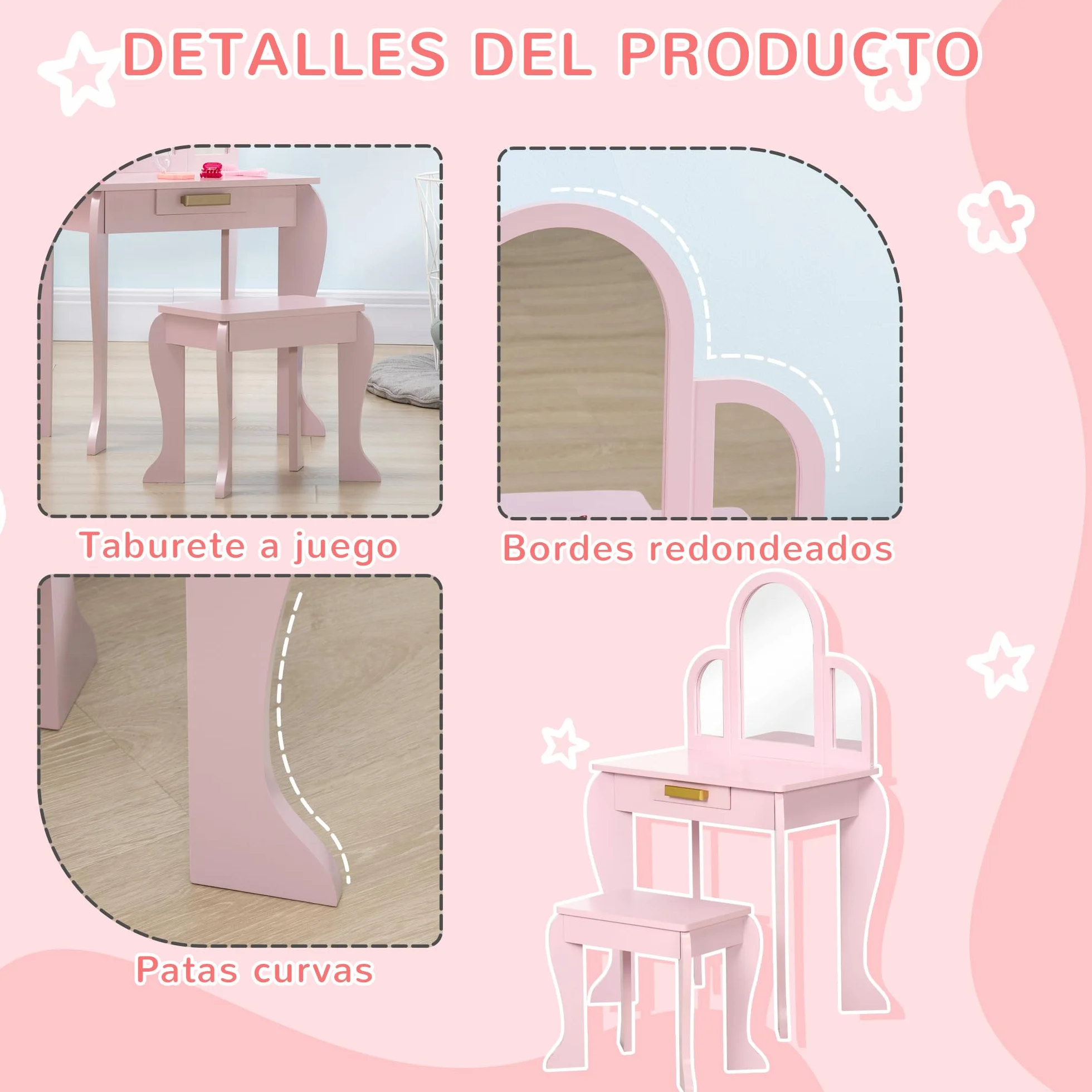 HOMCOM Tocador Infantil con Espejo y Taburete de Maquillaje Madera Rosa para Niñas 3-6 Años