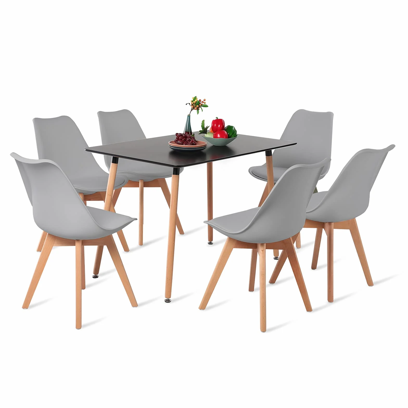 EGGREE - Juego de comedor rectangular, mesa de comedor con 6 sillas, mesa de cocina, mesa de madera | mesa negra + 6 sillas grises
