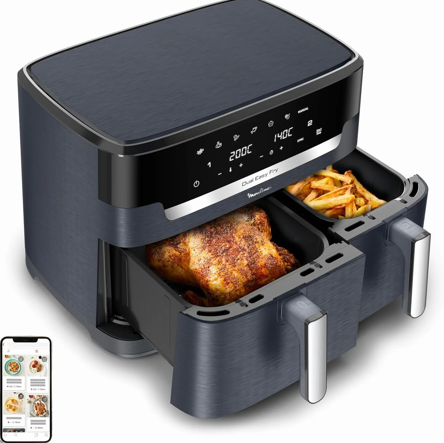 Moulinex XXL Dual Easy Fry 11L: Freidora de Aire de Doble Cesta +8 Personas, Dos cestas (6,5 L + 4,5 L),7 Programas Automáticos, EZ942BF0