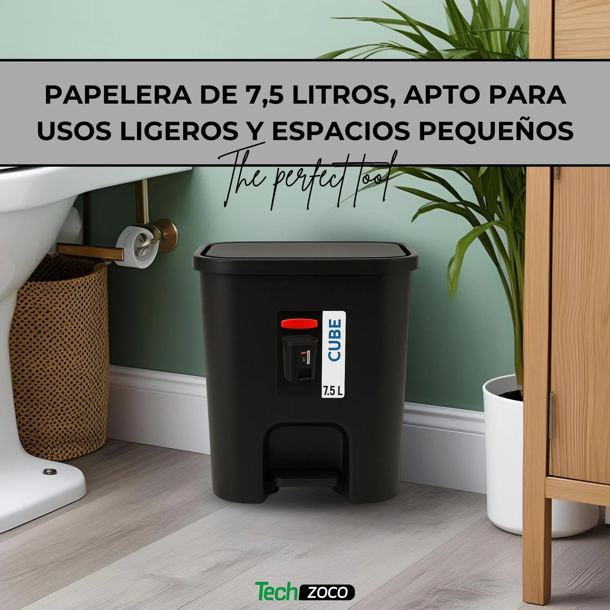 TECHZOCO Cubo basura plástico pedal 7.5 L Negro 25.5 cm alto