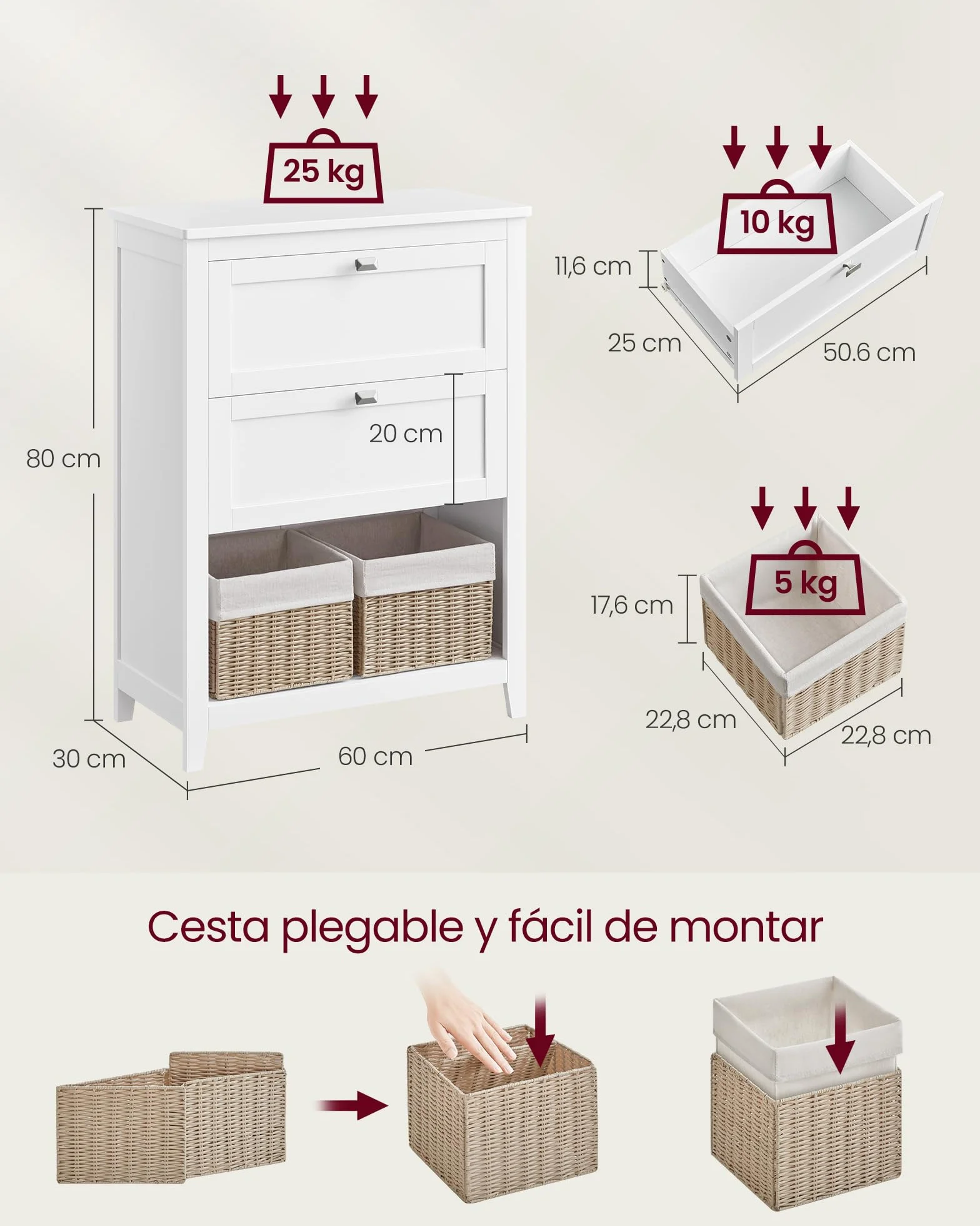 VASAGLE Mueble de Baño, Armario de Baño, 2 Cajones con un Juego de Divisor Regulable, 2 Cestas, Aparador, 30 x 60 x 80 cm, Blanco Nube BBC545W02