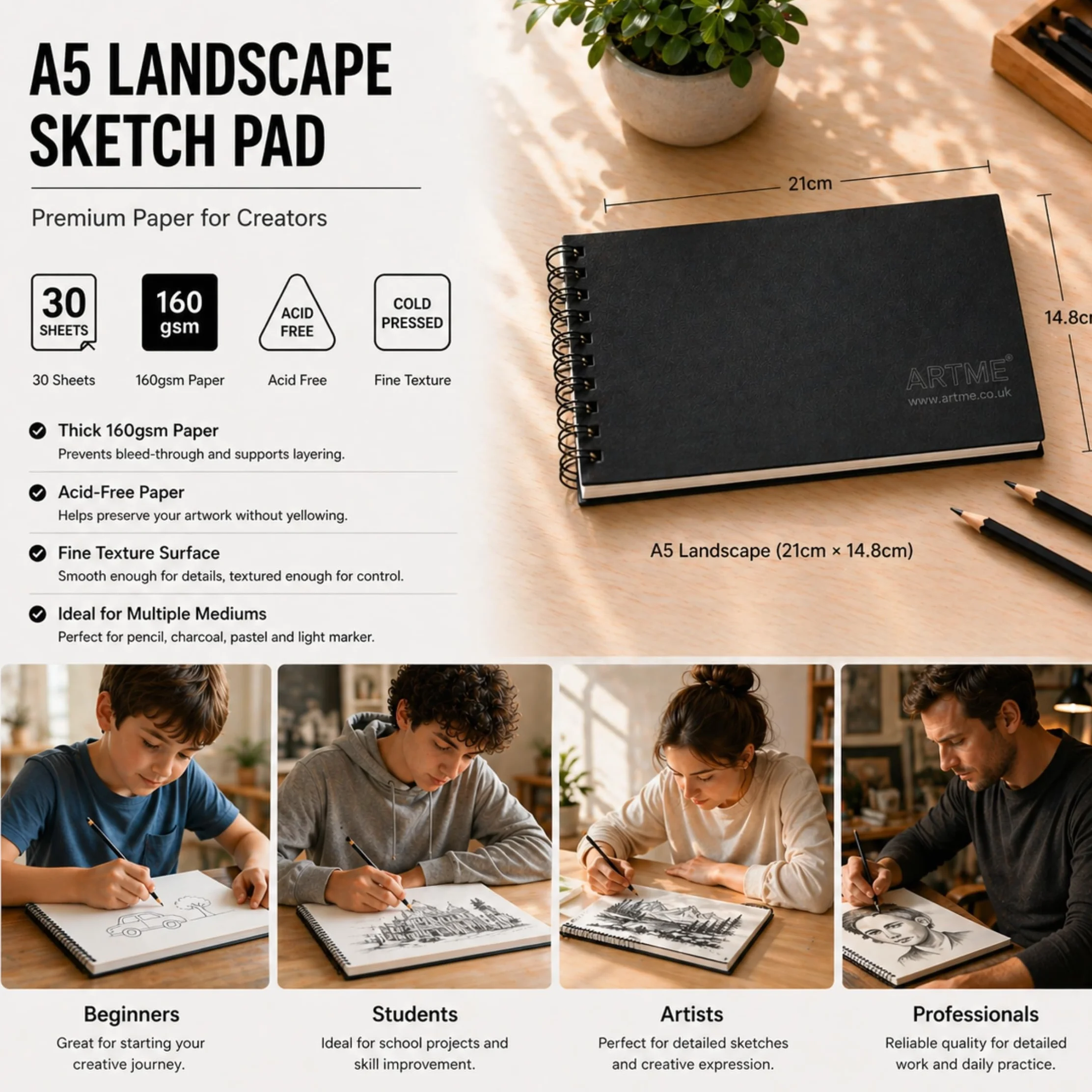 Artme Bloc de bocetos A5, 160 g/m², 30 hojas, cuaderno de espiral, 2 piezas