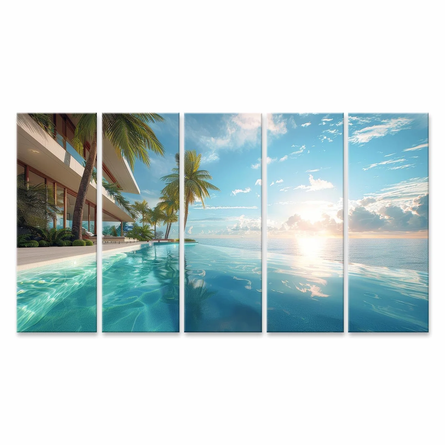 islandburner Primer cuadro sobre lienzo Villa moderna con piscina infinita, puesta de sol y vista al mar se funde con horizonte imágenes murales póster