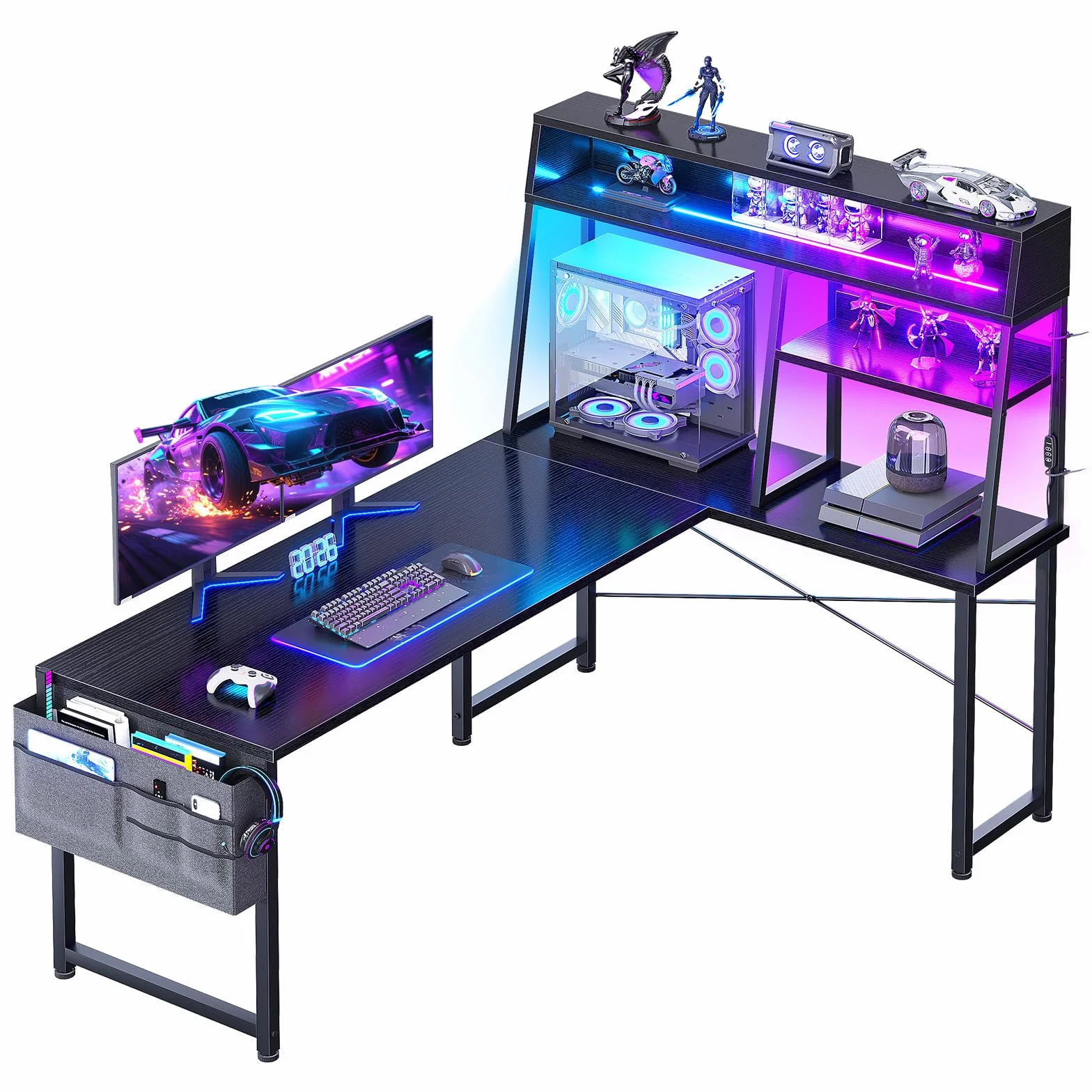 Coleshome Escritorio Gaming en L con LED, 130x100cm Escritorio Gamer Reversible con Estantes, Escritorio Esquinero con Bolsa de Almacenamiento y Gancho para Jugadores, Negro