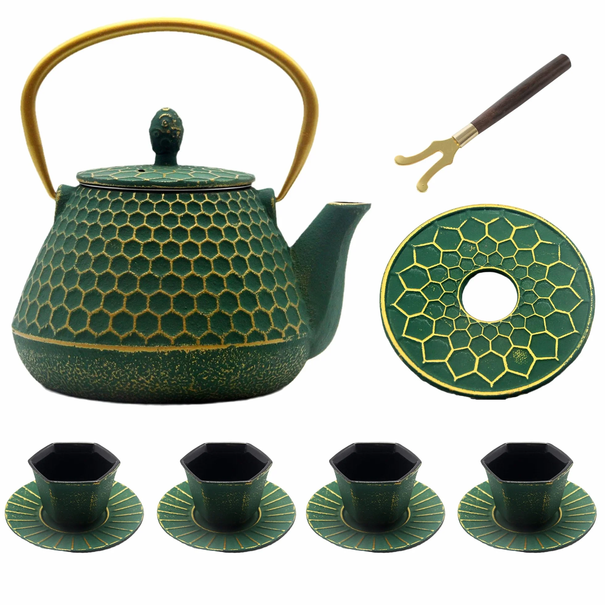 Juego de tetera de hierro fundido, juego de tetera hexagonal de 33.8 onzas con tazas y alfombrillas para tazas, tetera recubierta con interior esmaltado, juego de tetera de hierro fundido duradero con