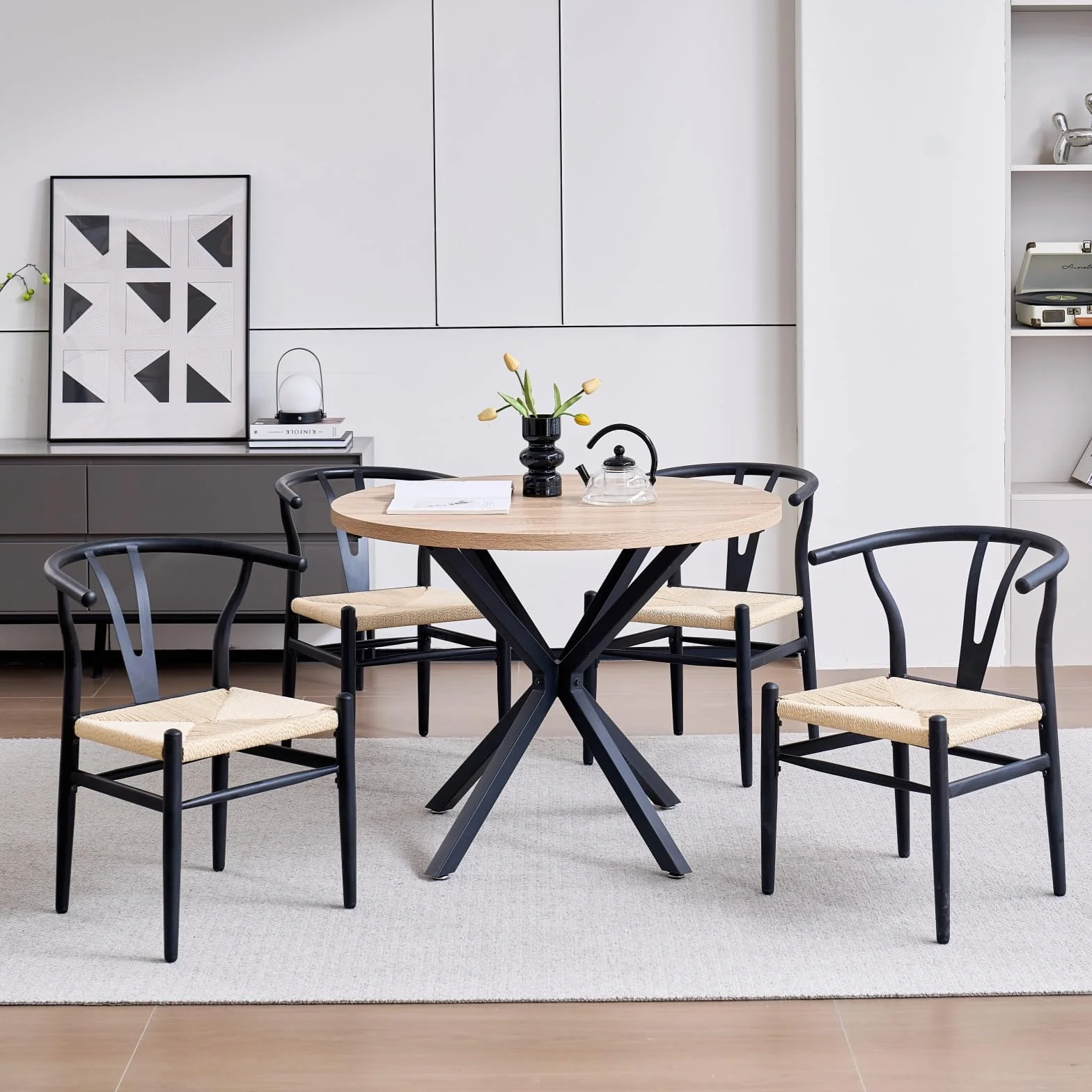 Juego de 4 Silla de Comedor Tejida Moderna, Cojín de Ratán de Alta Densidad, Patas de Metal Negro, Adecuada para Comedor, Sala de Estar, Cocina （Marco de Metal Negro）