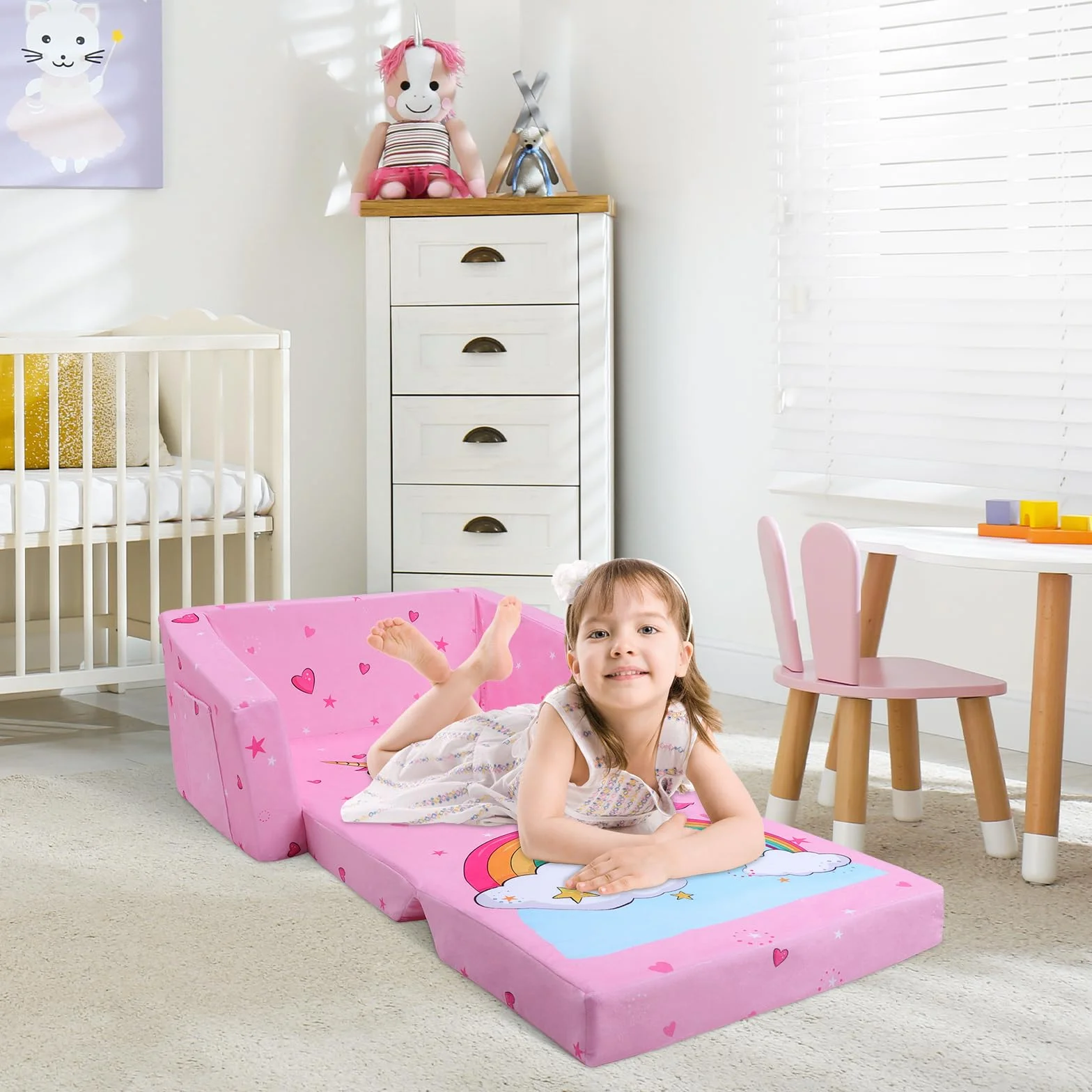 decalsweet Sofás Plegables para niños Sillón con Respaldo 2 en 1, Sillón Infantil Cómoda Estable Ligero con Bolsillo de Tela, Sofá Cama Asiento para Bebé para Dormitorio Sala de Juegos, Unicornio