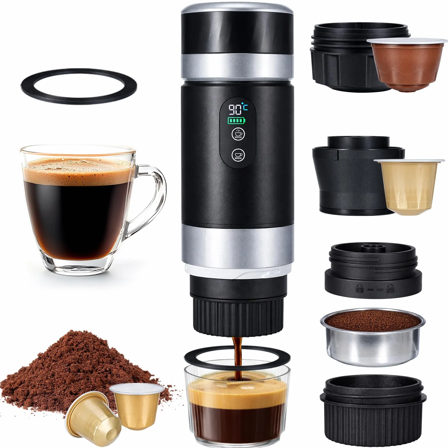 Cafetera Portátil 20 Bar, 3 en 1 Cafetera Espresso Eléctrica Portátil Maquina de Cafe Portatil Recargable Compatible con Cápsulas Pequeñas/Grandes y Café Molido para Viajes Acampada Oficina y Hogar