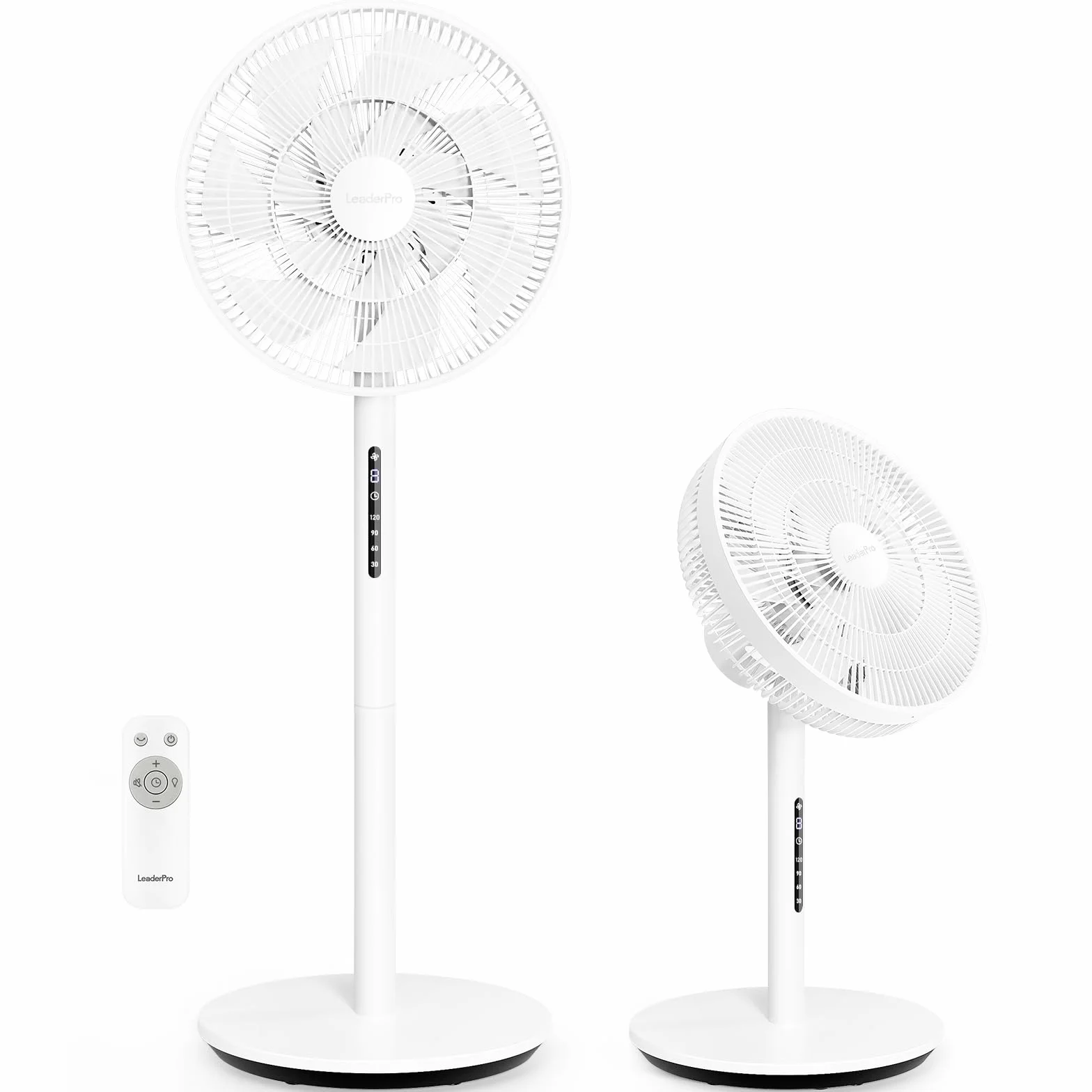 LeaderPro Ventilador de Pie Silencioso 12,8 dB, 2 en 1 de Pie y Sobremesa con Control Remoto y Temporizador, Oscilación 120°, Ajuste Vertical 90°, 8 Velocidades, Motor DC, Dormitorio y Oficina, Blanco