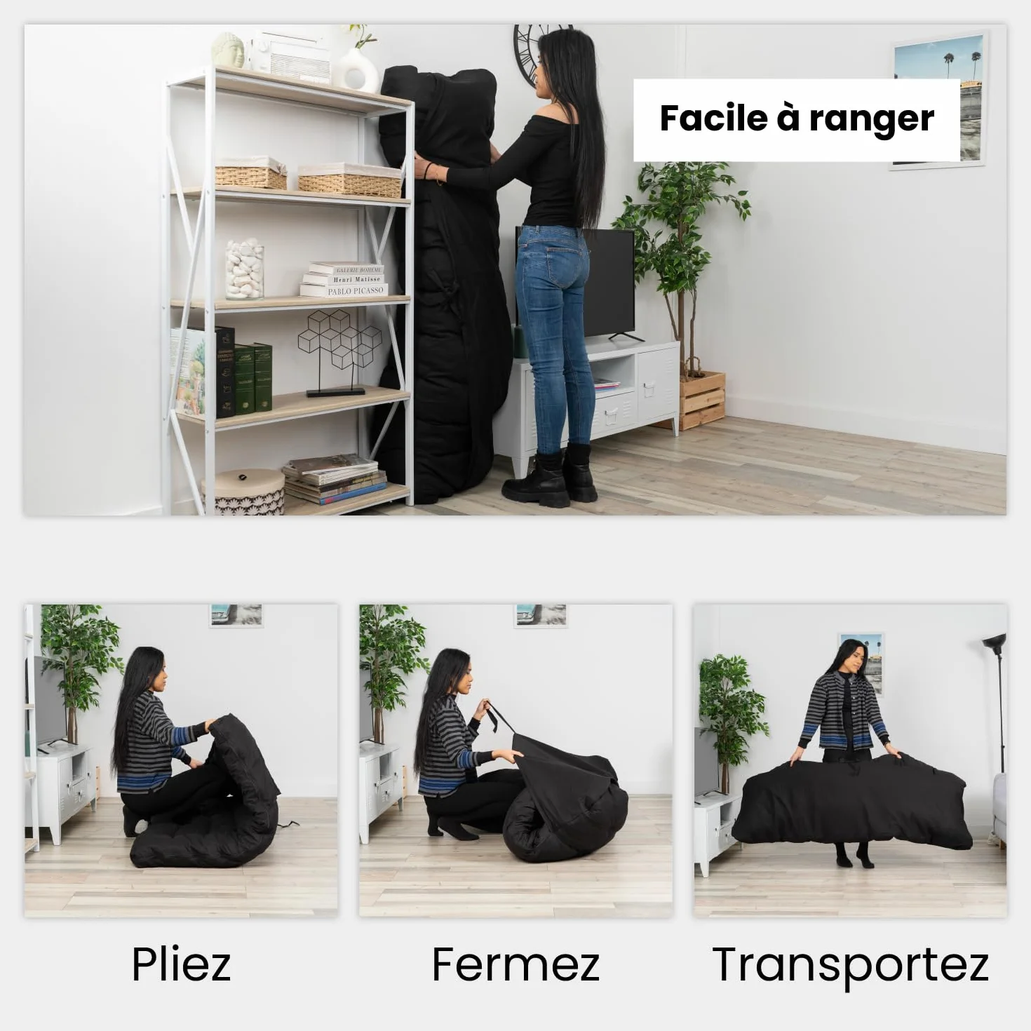 MEUBLE Cosy Futón Portátil Plegable de 2 Plazas, Colchón 135 x 190 x 10 cm, Negro
