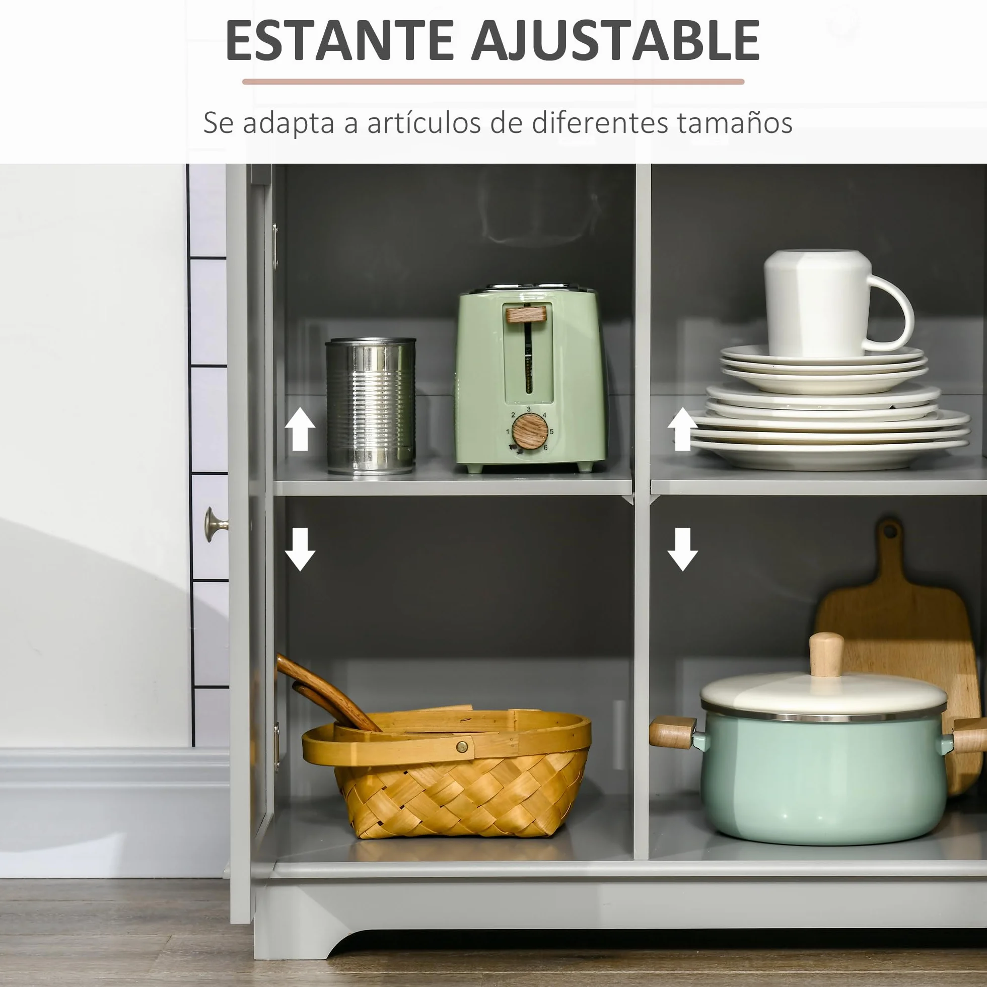 HOMCOM Aparador de Cocina 3 Cajones 3 Puertas Estantes Ajustables Mueble Auxiliar Almacenaje 101x40x85 cm Gris
