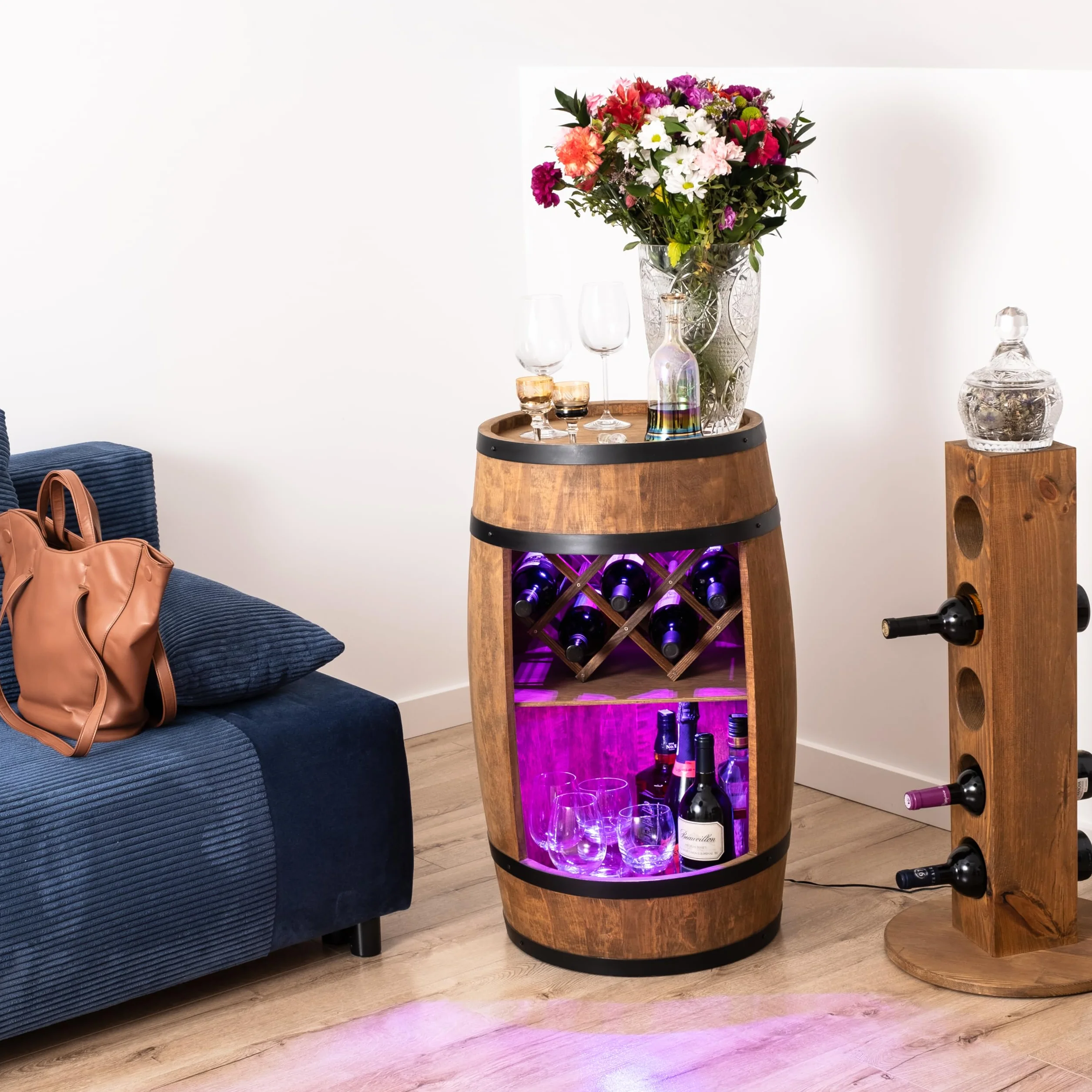 CREATIVE COOPER Barril de bar con soporte para vino – Botellero LED RGB – Barril de madera 80 x 50 cm – Decoración rústica – Armario para vino – Armario para vinos (marrón oscuro)