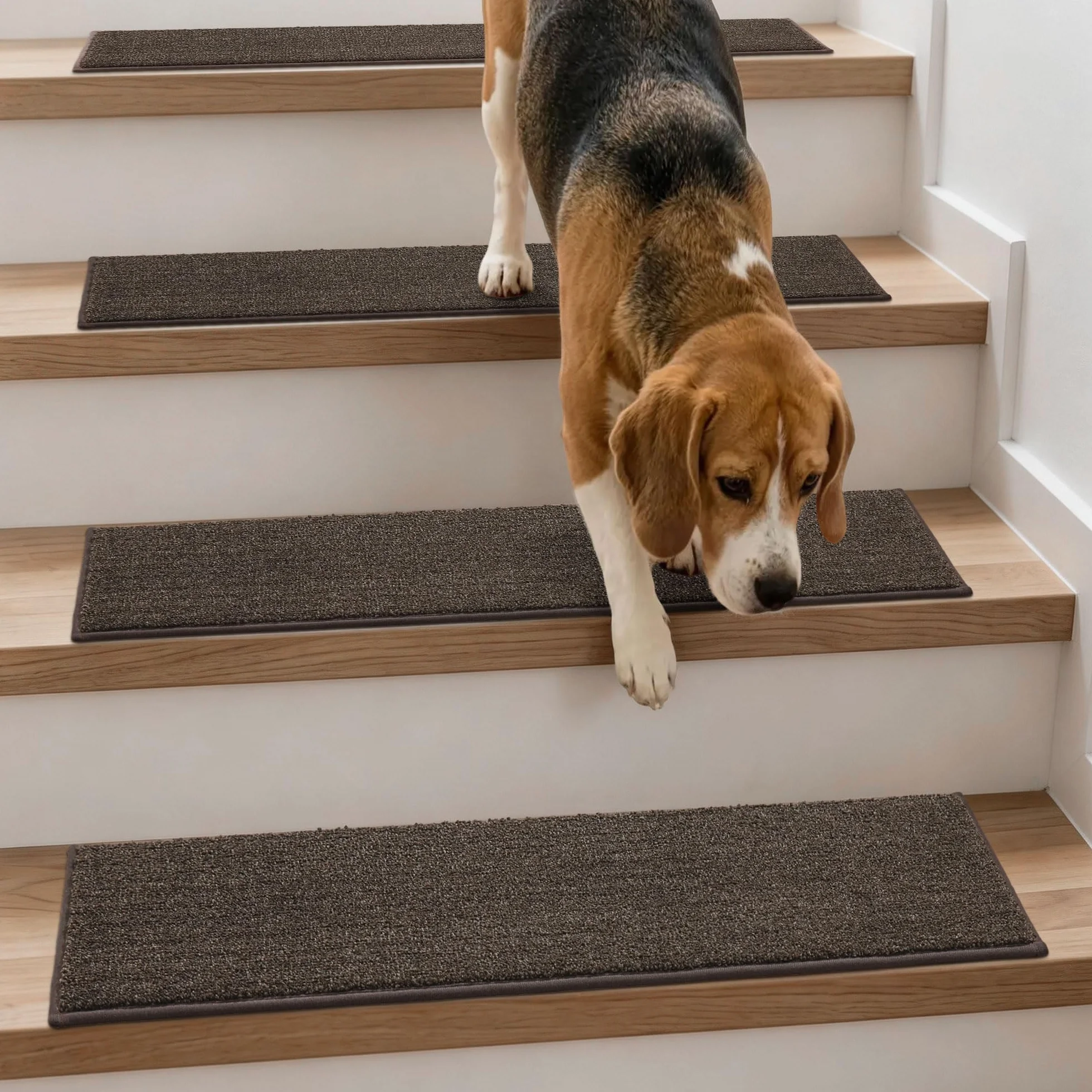 COSY HOMEER 15 alfombrillas para peldaños de escaleras, 70 x 22 cm, autoadhesivas, lavables a máquina, 100 % poliéster, respaldo TPE, ideal para niños, personas mayores y mascotas, color marrón
