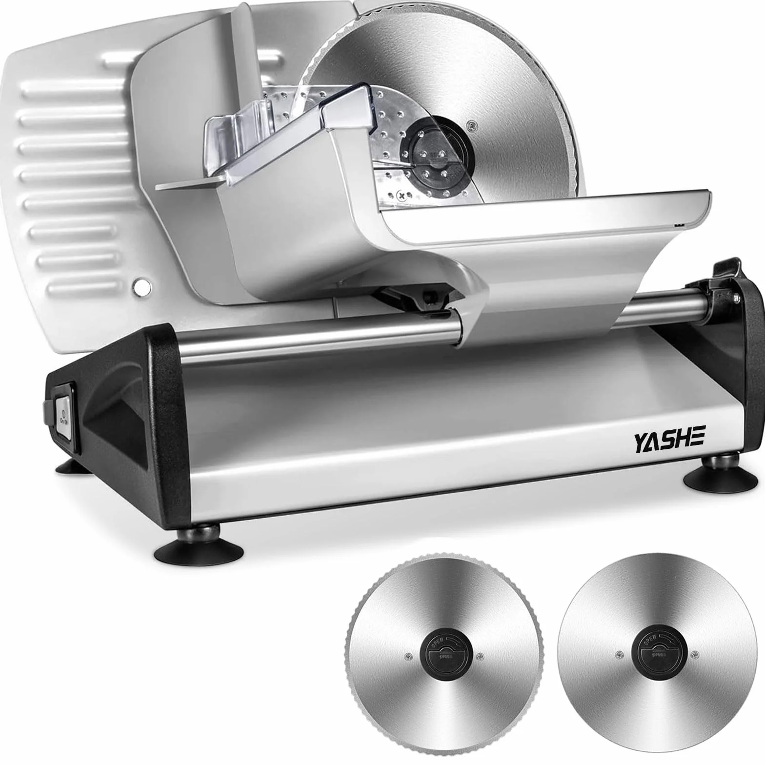 YASHE SL-518 Cortadora de Fiambre - Cortafiambres Eléctrico 250W con Grosor Ajustable de 0 a 15mm, 2 Cuchillas de Acero Inoxidable Removibles de 19cm, Bloqueo de Seguridad y Pies de Succión