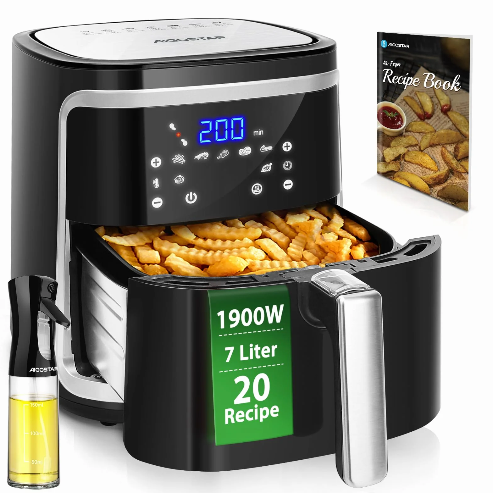 Aigostar Cube - Freidora de aire XXL, 1900W, 7L Air fryer. Libro de recetas incluido, panel LED táctil. Doble uso: con cesta o cajón. 7 funciones preestablecidas + mantener caliente, Sin BPA.