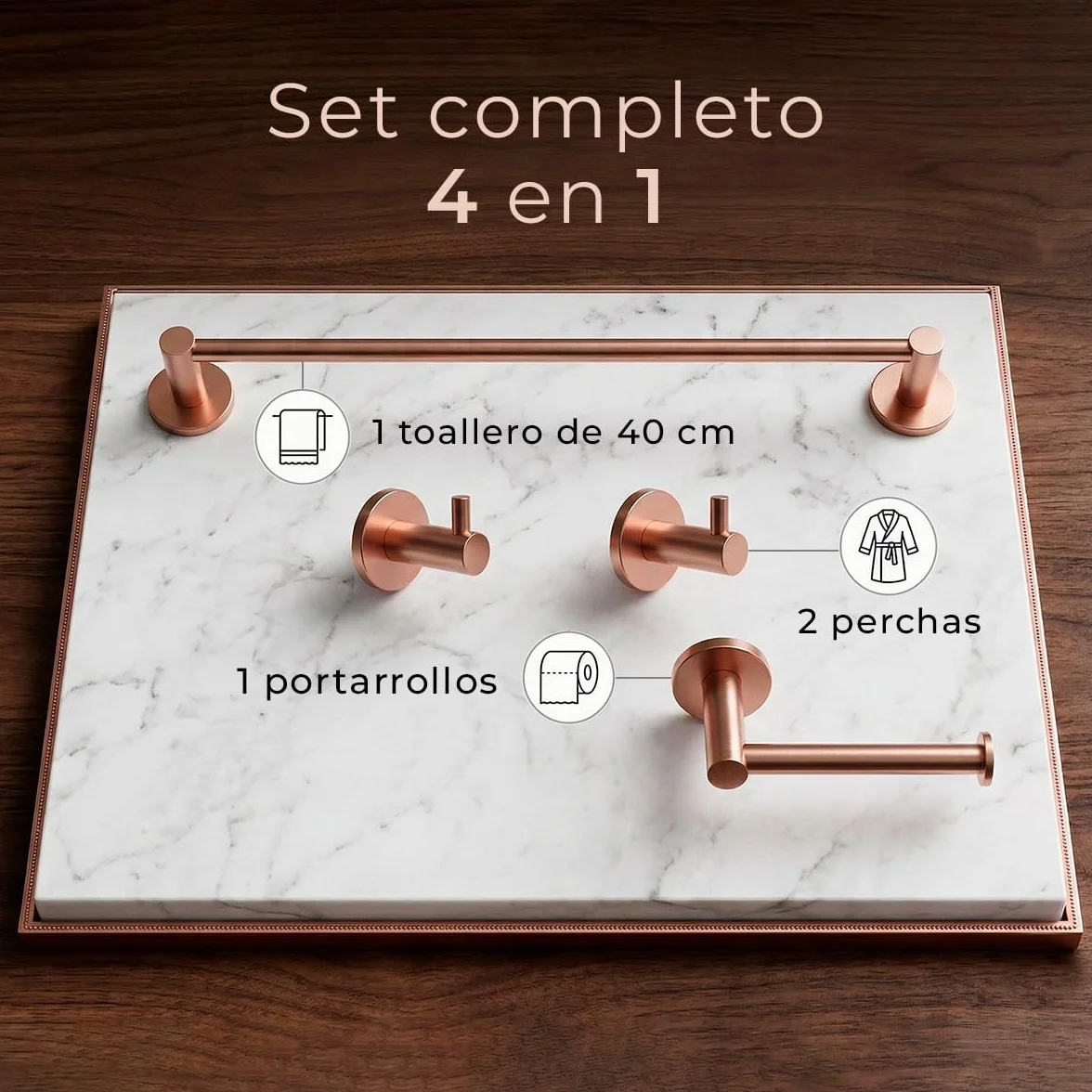 Set de 4 Accesorios de Baño Acero Inoxidable Piezas Premium - Toallero 40 Cm, Portarrollos y 2 Perchas - Color Oro Rosa Cepillado con Acabado PVD y Doble Fijación - The Bath Point