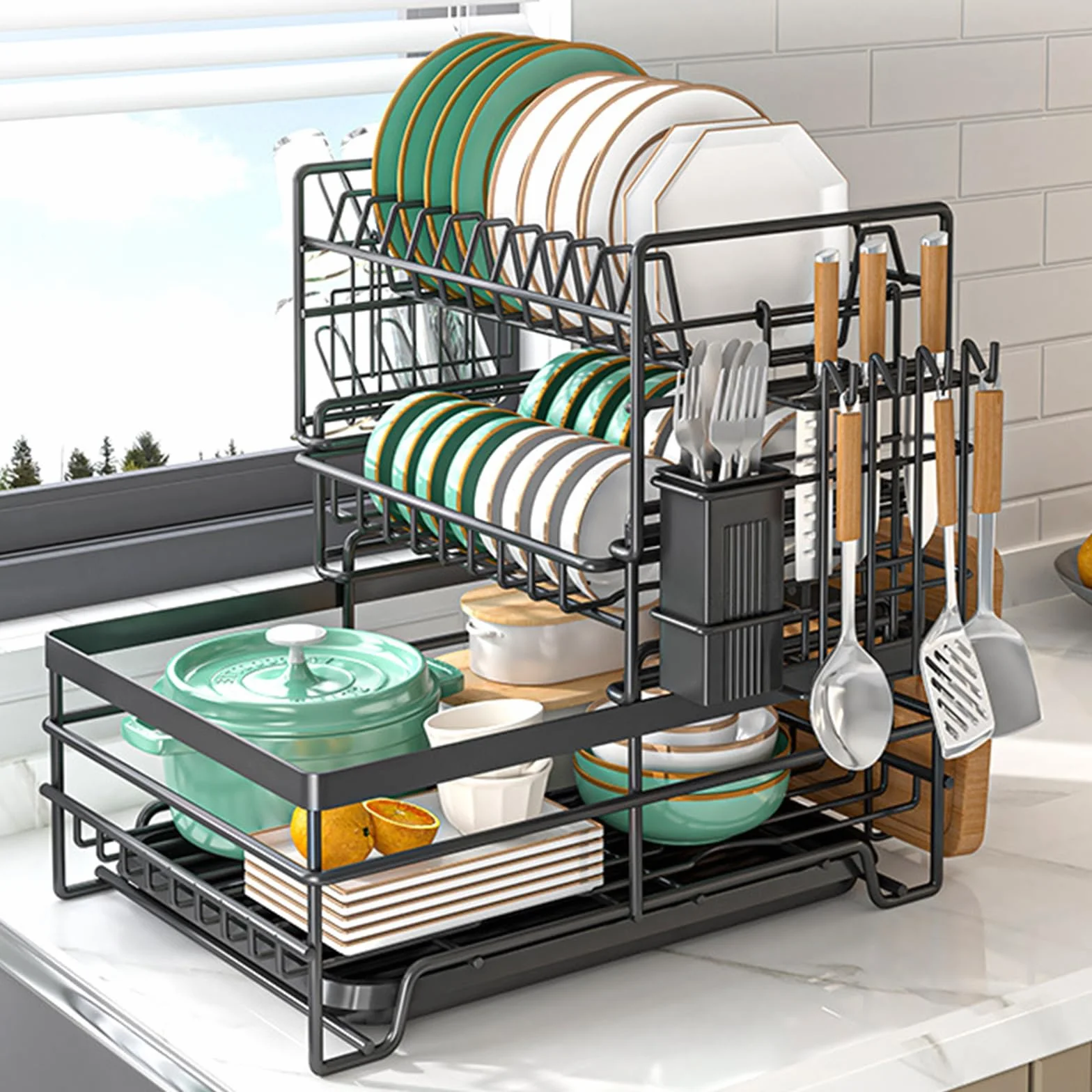 Escurridor de platos de 3 niveles con bandeja de goteo desmontable y soportes para tabla de cortar que ahorra espacio, escurridor de platos grande para encimera, elegante diseño negro