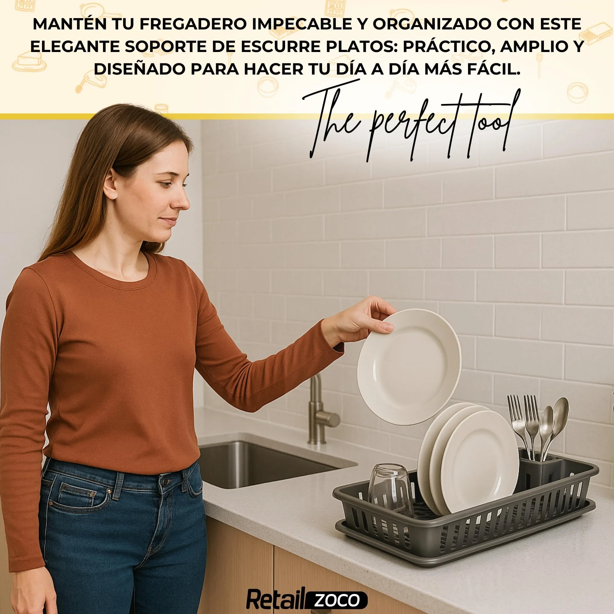 CHEFZOCO Escurreplato de plástico 45 cm de Ancho, Escurridor de Platos con Bandeja Anti-Goteo, Gris