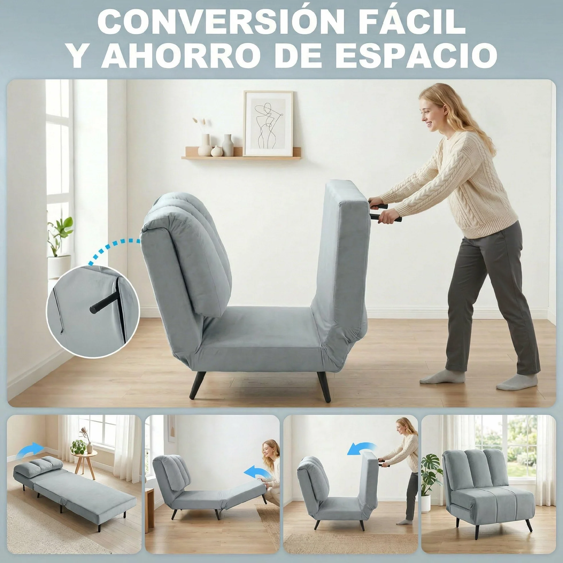 HOMCOM Sofá Cama de 1 Plaza 3 en 1, Sofá Cama Plegable Tapizado en Terciopelo con Respaldo Ajustable en 3 Niveles, Cojín Grueso para Dormitorio, Salón, Oficina, Fácil Montaje, 72x88x87 cm, Gris