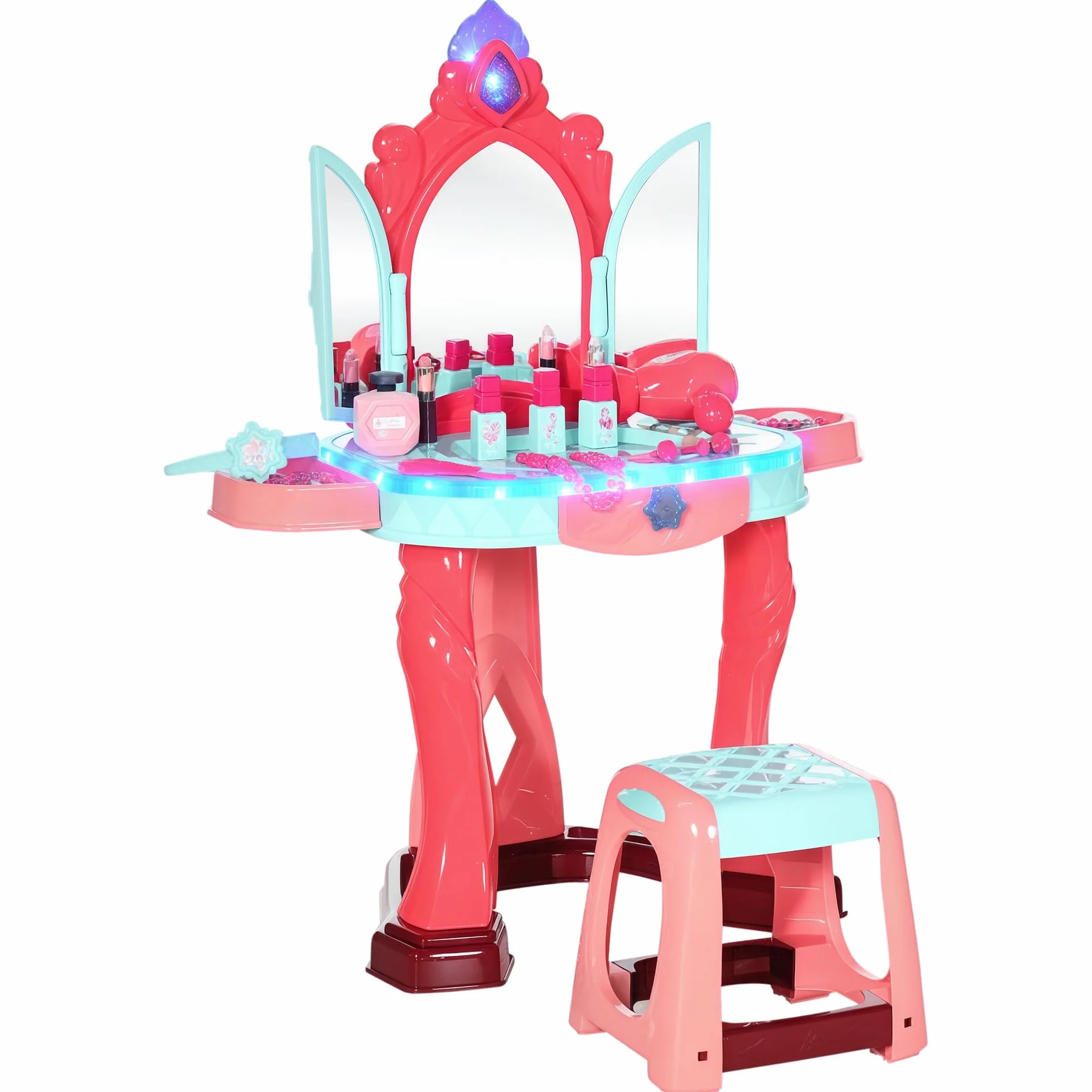 AIYAPLAY Tocador de Juguete para Niñas +3 Años con Taburete Espejo Luz Música Secador 31 Accesorios 57x34x76 cm Multicolor