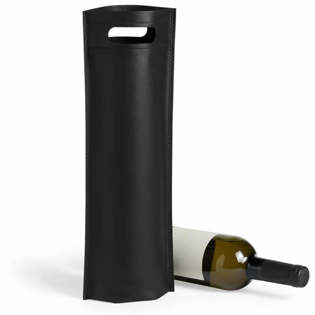 Bolsa para Botella, Non-Woven Negra, asa troquelada | 17 x 40 x 10 cm, fuelle en la base, 100% reciclable, reutilizable, 200 unidades