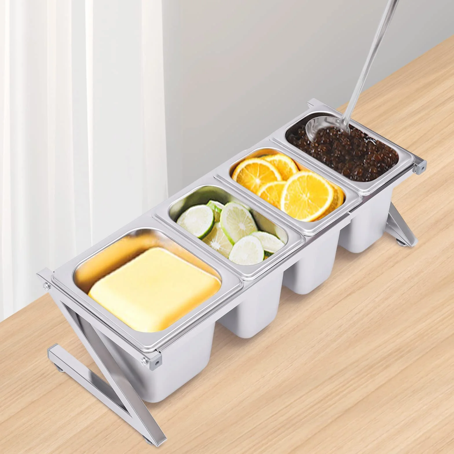 Estante de especias expandible, acero inoxidable con tapa, pies antideslizantes, dispensador de especias de 3 1/9, sartén de 1 1/6, 4 cucharas medidoras para almacenamiento de cocina