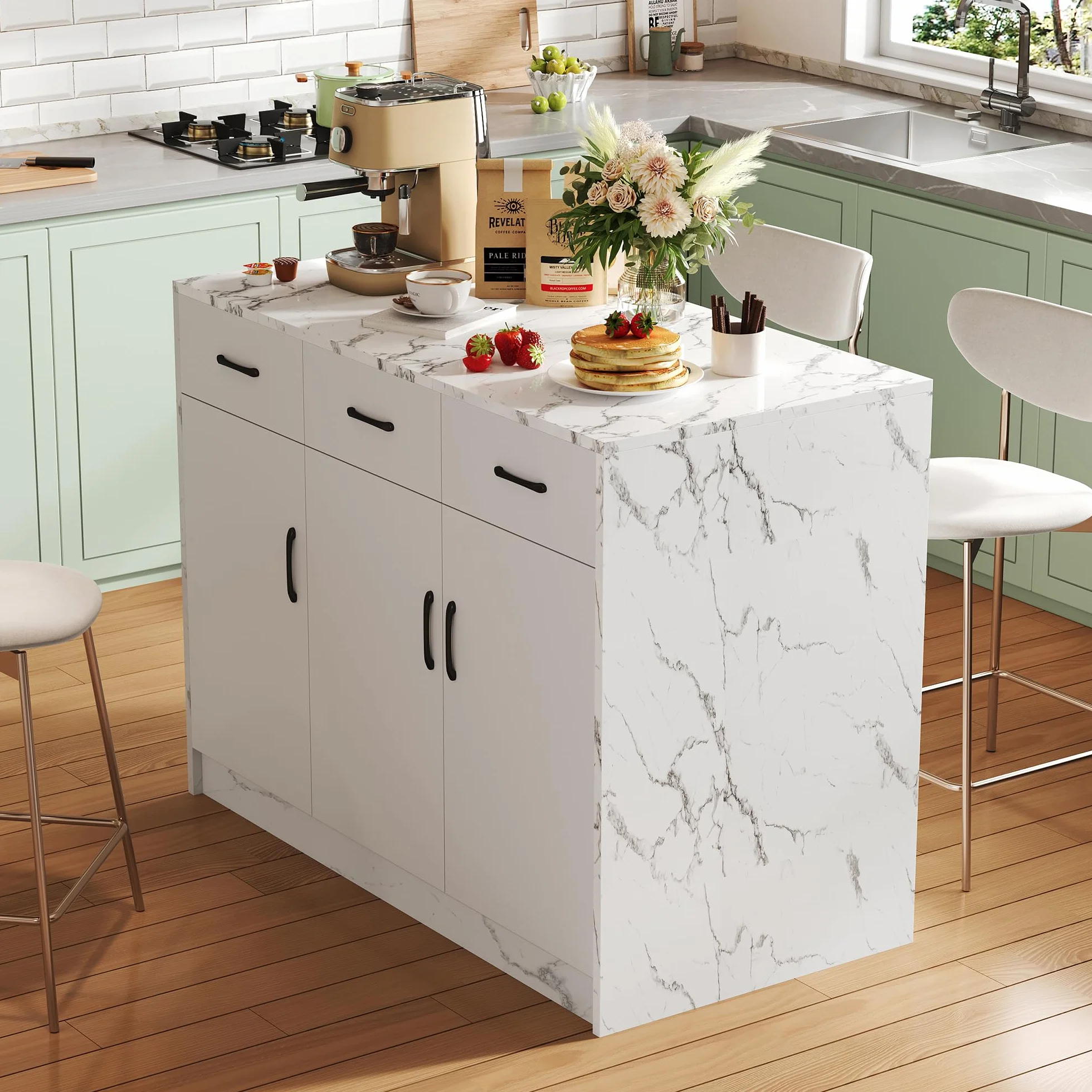 Gran Isla de Cocina, Mueble de mármol con Espacio de Almacenamiento, Mesa de Comedor con 3 cajones y 3 Puertas, Carrito de Bar, 120x60x90,5 cm, Blanco