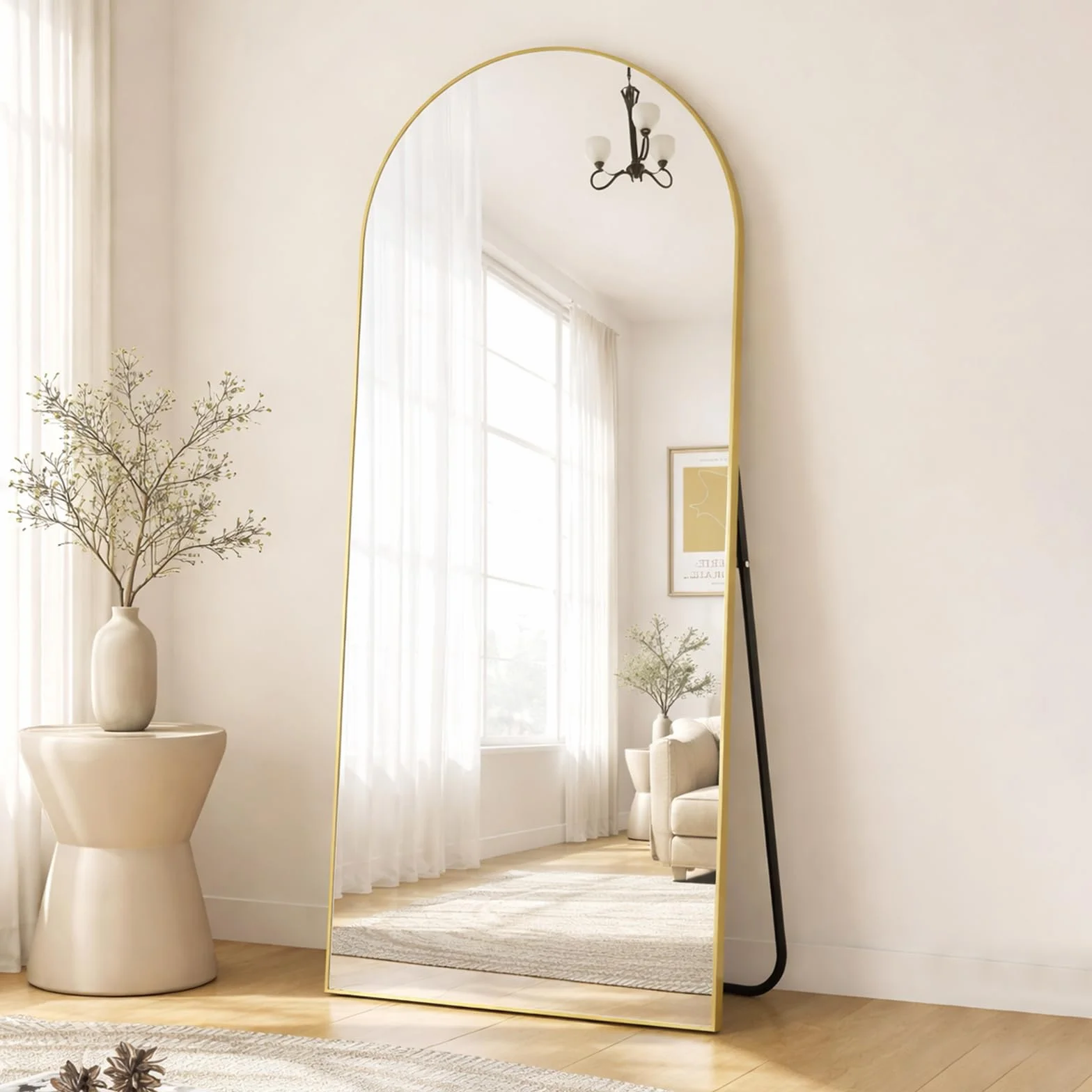 Espejo de Cuerpo Entero Espejos de Suelo Arqueado con Soporte, Marco de Aleación de Aluminio, Cristal Templado, para Dormitorio, Salón, Vestuario, Navidad - Oro, 179x65cm | 71" L x 26" W