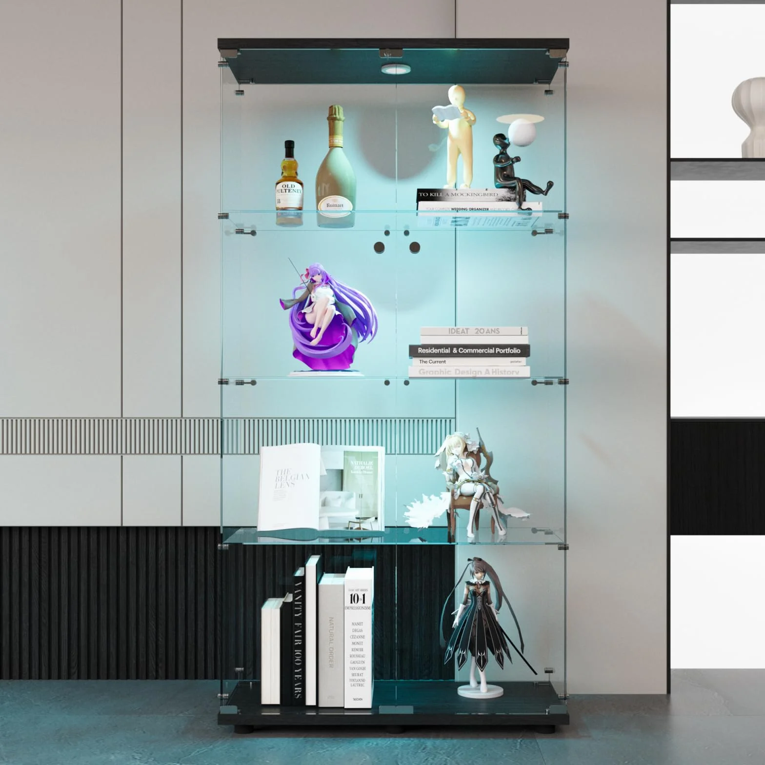 Vitrina de cristal con LED, Vitrina de cristal templado, 4 estantes de cristal, con 2 puertas y candado, vitrinas para figuras de armario, para salón, oficina, objetos de colección (Negro +