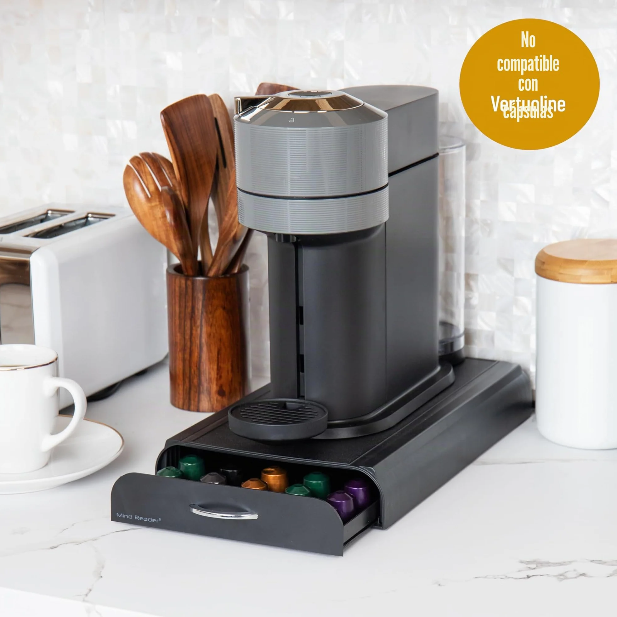Mind Reader Nespresso Organizador de encimera de cajón de cápsulas, soporte para cápsulas de café, 9.21 x 15.94 x 2.36 pulgadas, negro