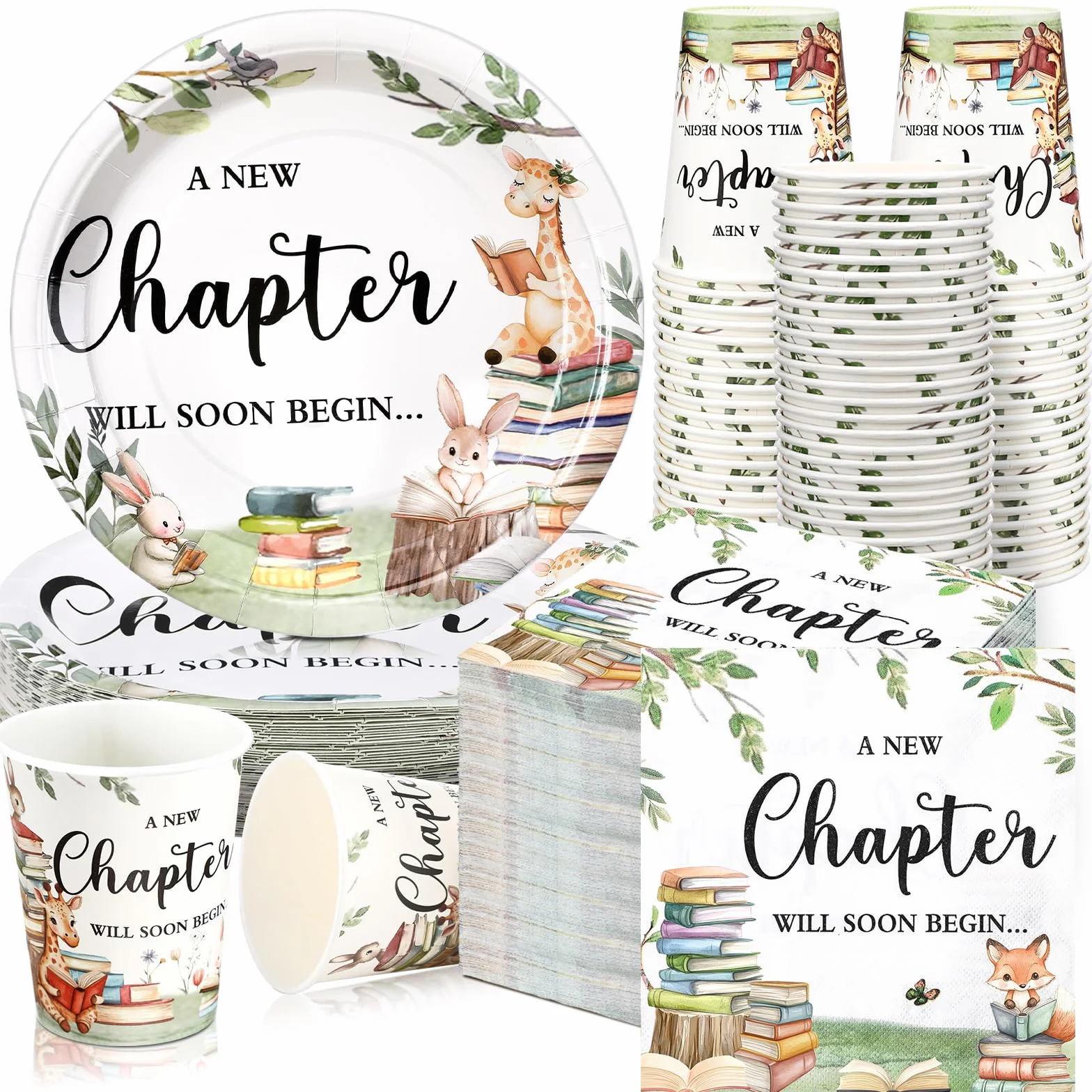 Hushee 200 platos de papel para baby shower, servilletas, vasos, suministros de fiesta de baby shower, juego de vajilla desechable para 50 invitados decoración de fiesta (estilo club de libros)