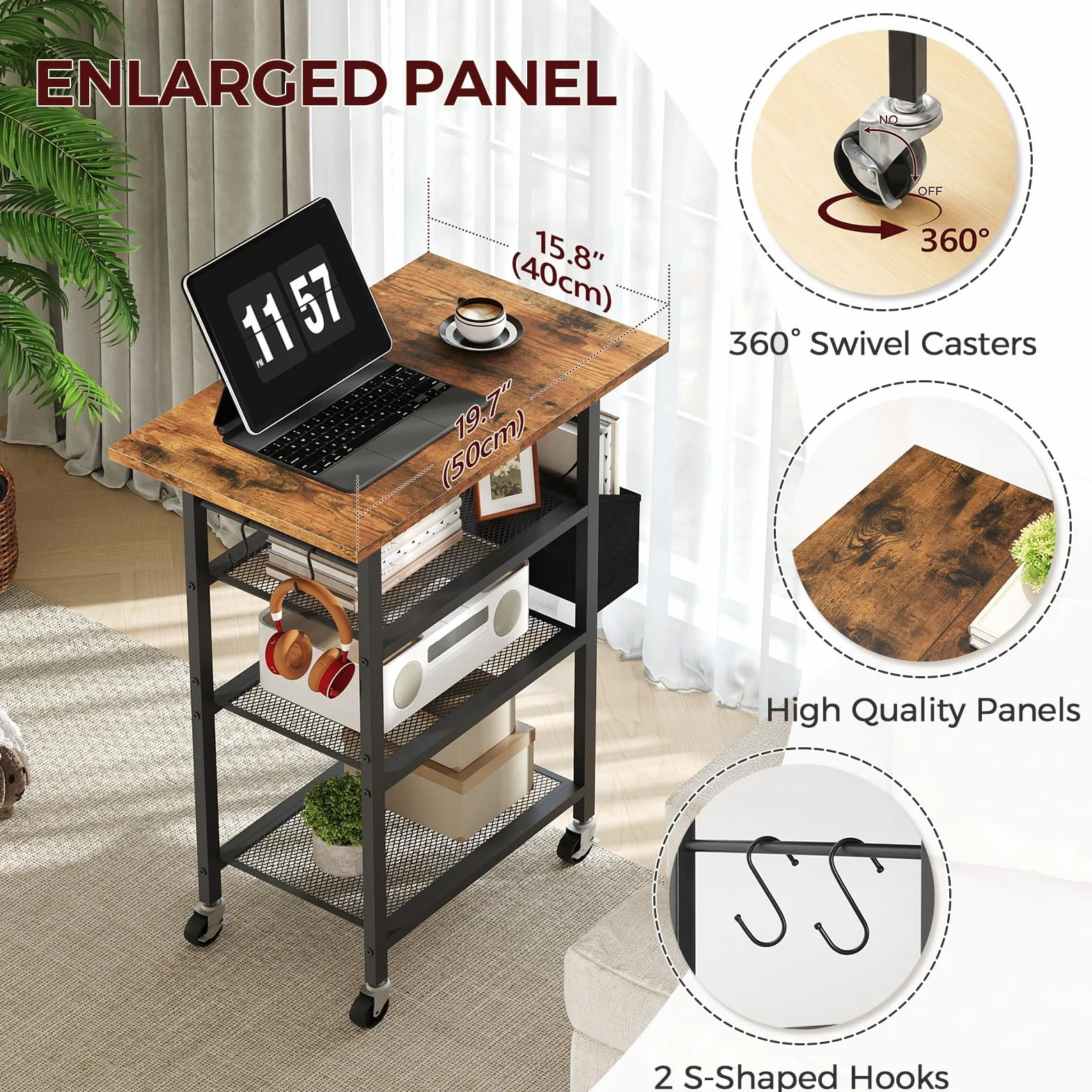 MAHANCRIS Soporte de Impresora de 4 Niveles, Mesa de Impresora con Ruedas, Estantería de Estilo Industrial, con Bolsillo Lateral, Estantes de Rejilla Metálica, 2 Ganchos,Marrón Rústico y Negro