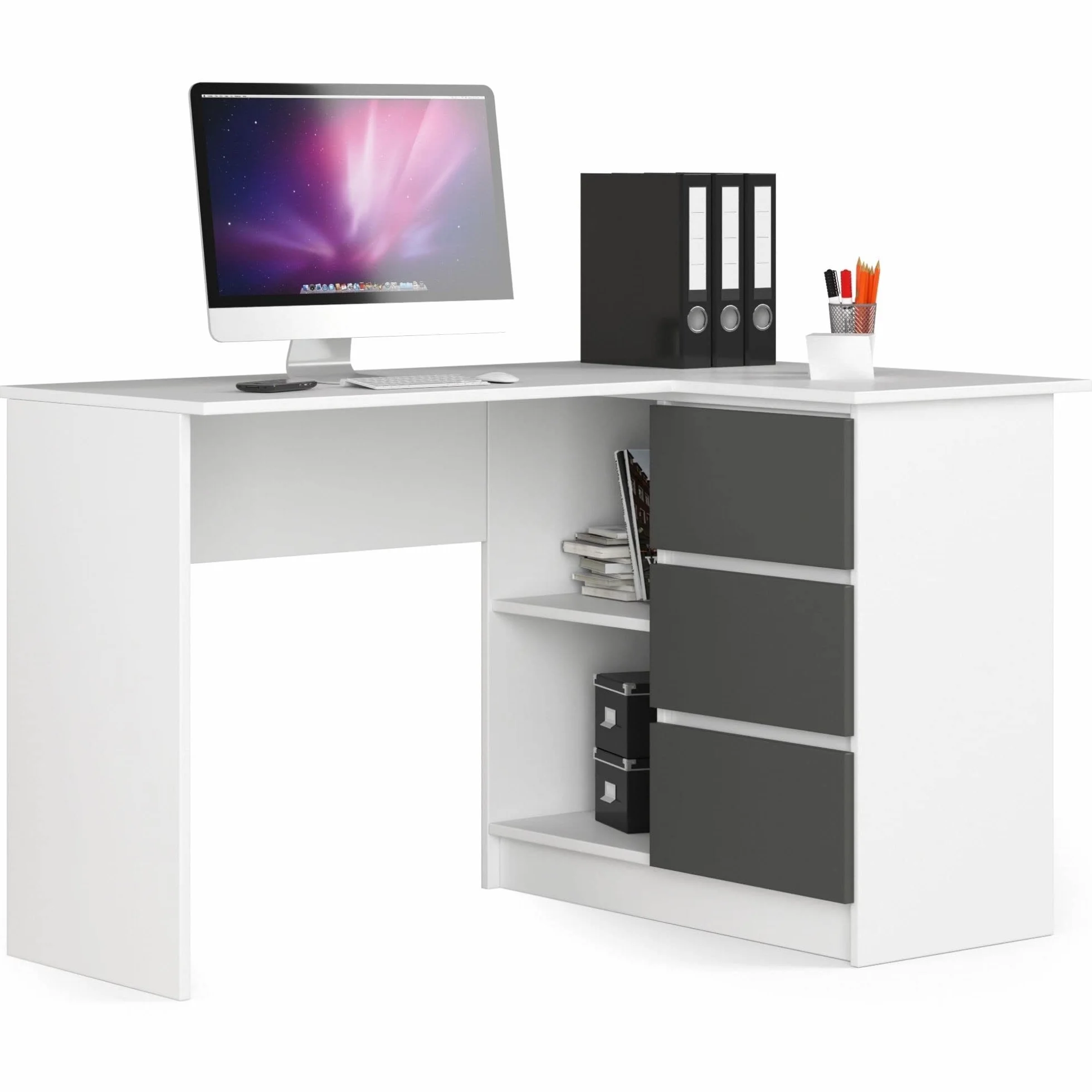 Escritorio esquinero AKORD B16 Blanco 124 cm con lado derecho 3 cajones frente en color Grafito Gris 2 estantes 124x85x77 cm