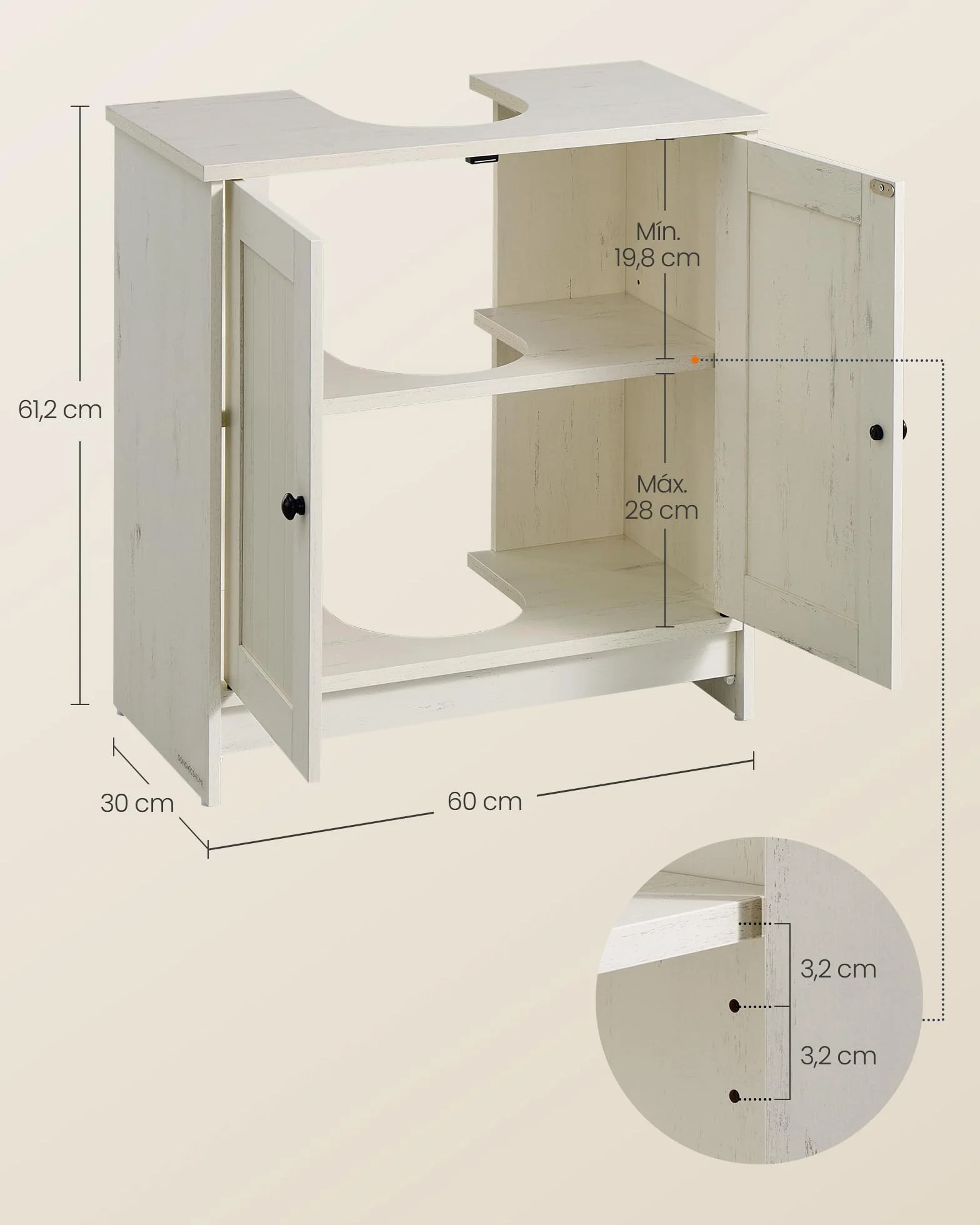 SONGMICS Home Mueble Bajo Lavabo para Baño, Montaje Súper Rápido Sin Herramientas Toolless, Armario con Estante Ajustable, para Lavabos con o sin Pedestal, Blanco Rústico BBC223WJ01