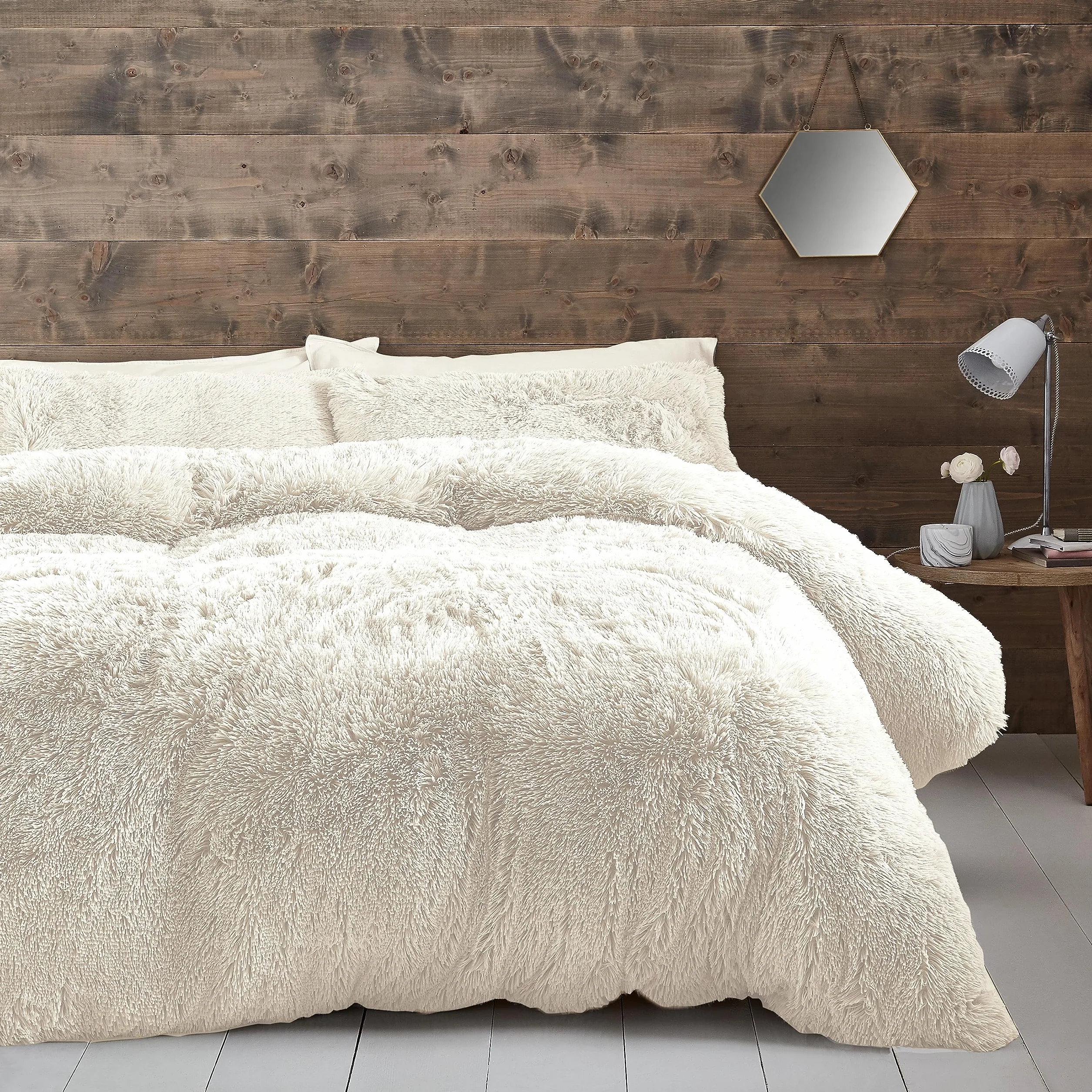 Catherine Lansfield Cuddly - Juego de Funda de edredón y Fundas de Almohada de Pelo sintético para Cama Doble, Color Crema