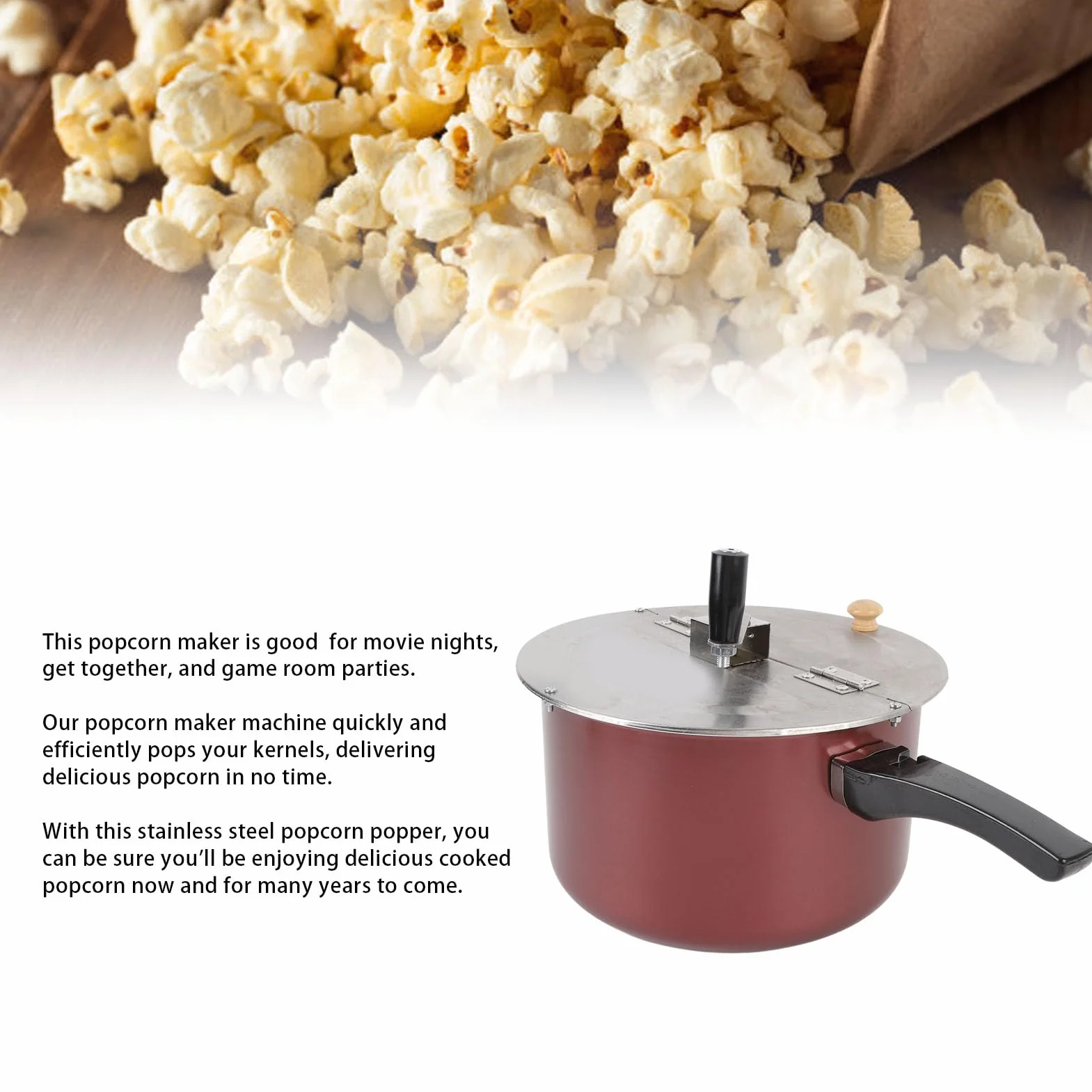 Rengue Máquina para Hacer Palomitas de Maíz de Acero Inoxidable, Máquina para Hacer Palomitas de Maíz Manual para de Caseras para Cine, con de Madera Compuesta para Estufa de Gas y