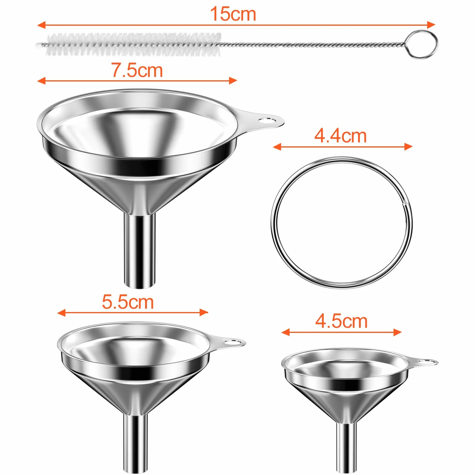 Newpop Set de Embudos de Cocina de Acero Inoxidable 3 Tamaños 4.5/5.5/7.5cm con Cepillo de Limpieza