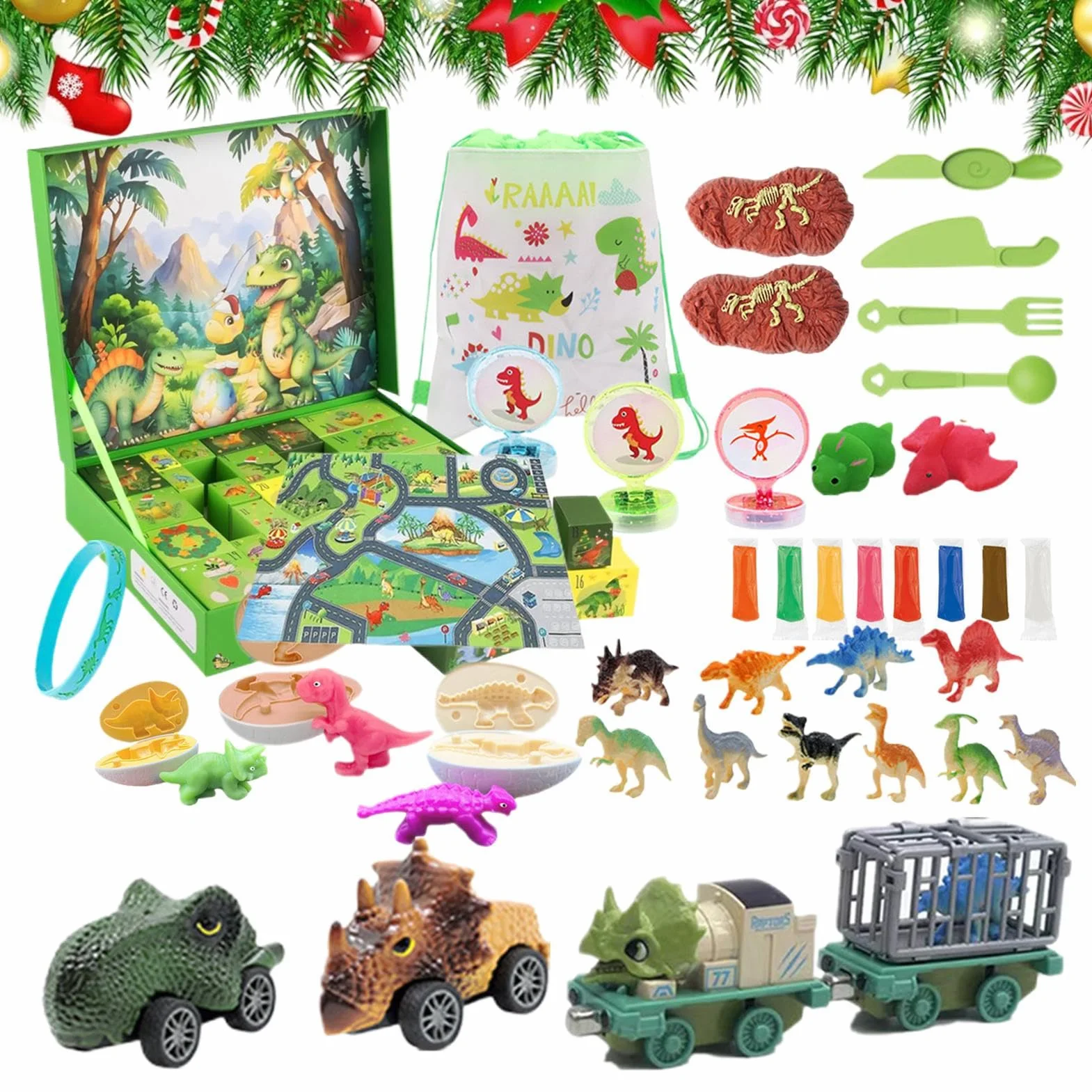 Adviento Navideño de Dinosaurios 24 Días Vehículo De Juguete | Cuenta Atrás con Vehículos de Juguete para Niños Niñas Coleccionistas Familia Actividad Regalo Temporada Navideña