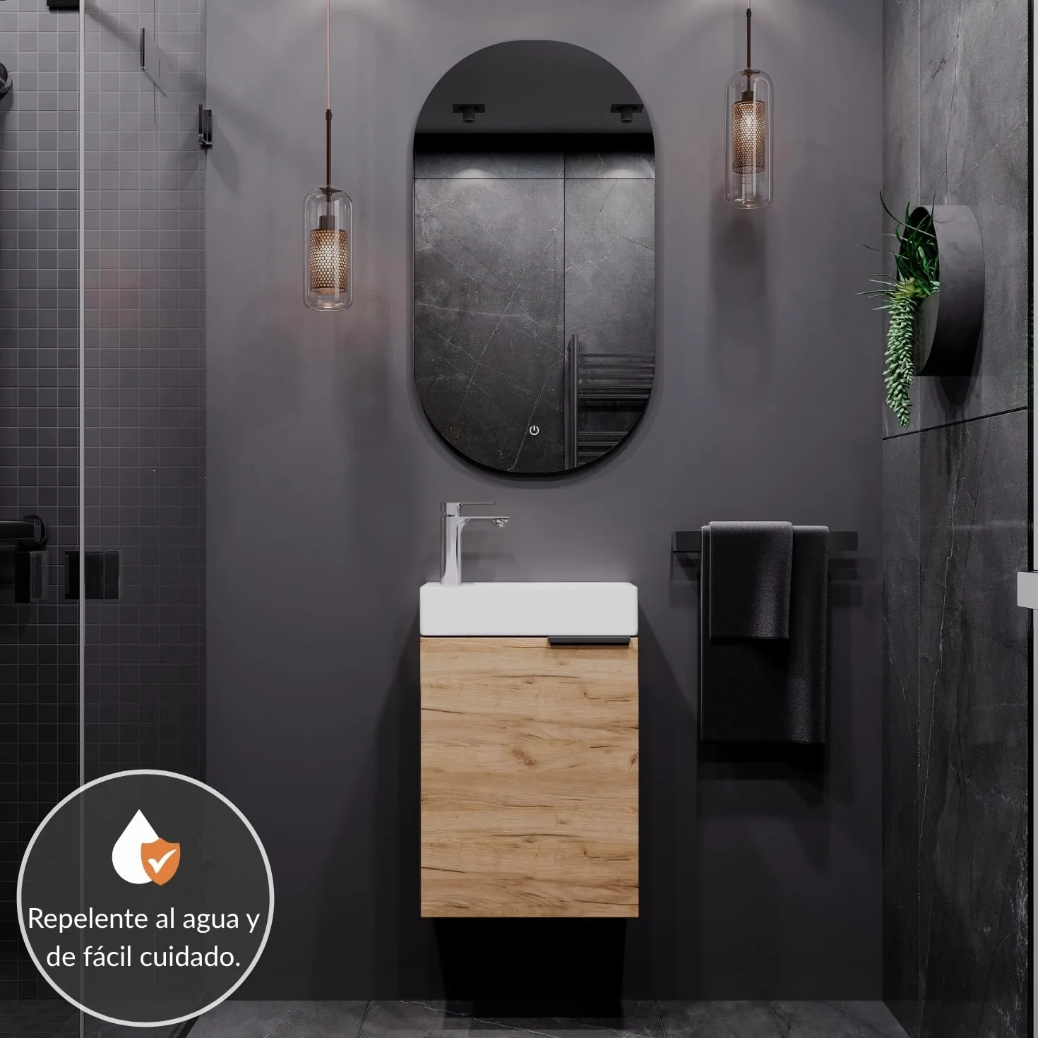 Planetmöbel Mueble Bajo Lavabo con Espejo Set 40 cm Roble Dorado
