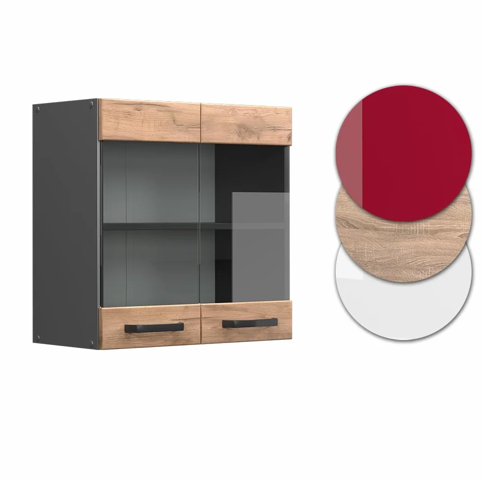 Vicco Armario de Cocina con Vidrio R-Line, Roble Dorado, 60 cm, para combinación Libre Dentro de Sistemas de Cocina modulares