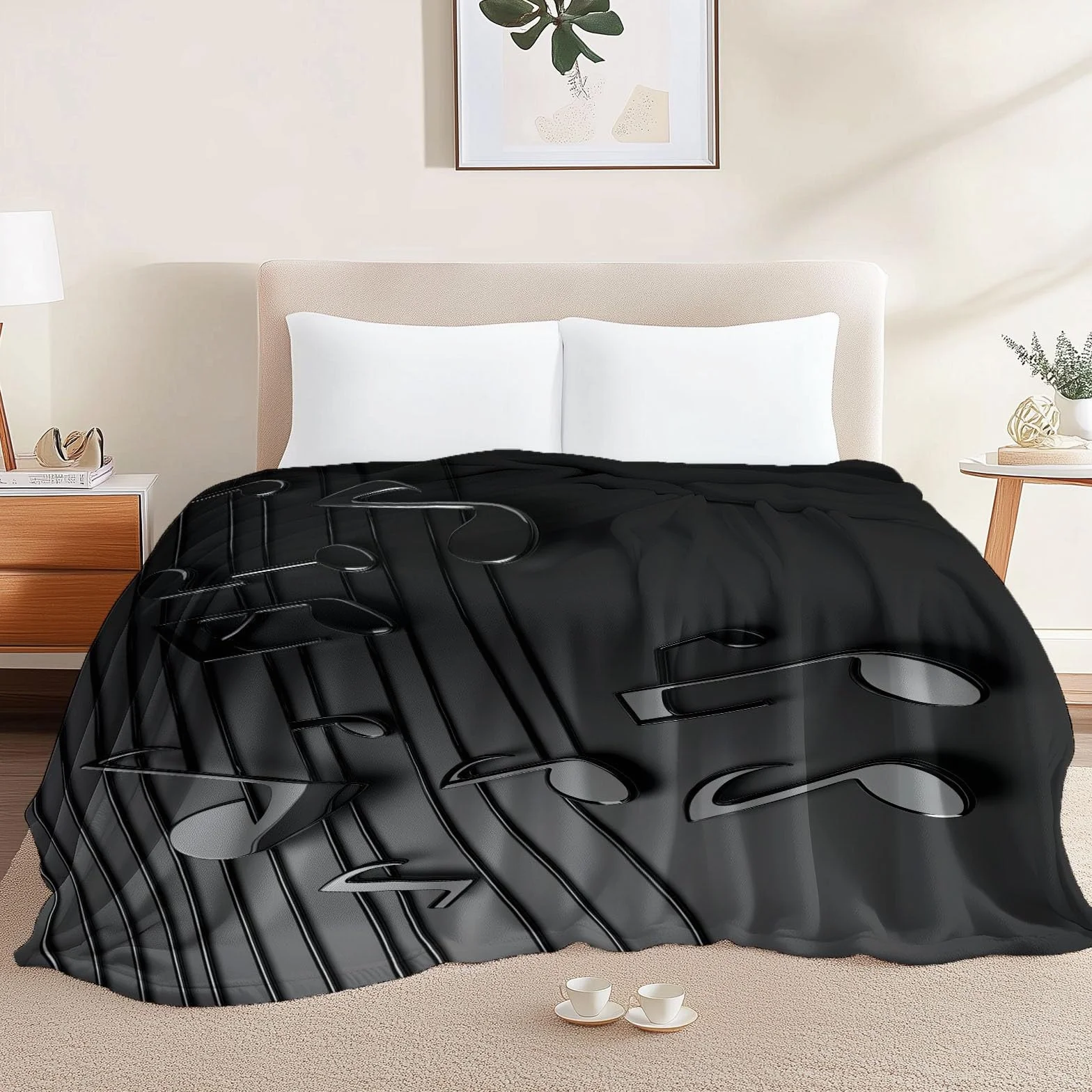 Manta de franela con diseño de música y notas musicales, rayas espectrales, símbolos, manta polar franela, suave y caliente, color negro, para niños, adultos, regalo para amigos, familia, sofá cama