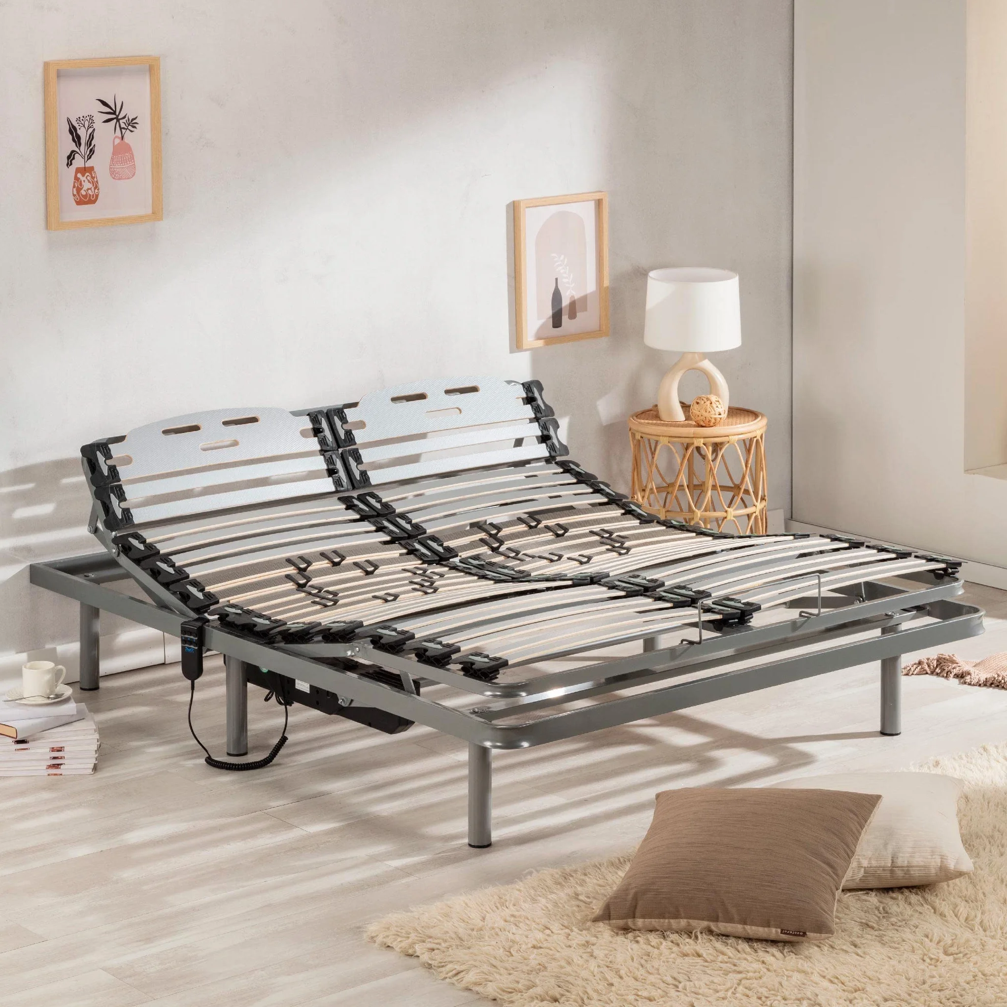 NALUI - Somier Eléctrico para Cama 135 x 180 cm, 11 Láminas Madera de Haya de 10 cm y Estructura de Acero.