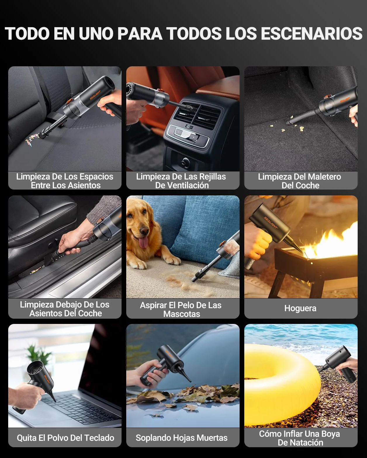SEALIGHT Aspirador de Mano, 32000PA Aspiradora de Coche, 4 en 1 Aspirador Coche con Motor Sin Escobillas, Aciado Automático de un Toque, Mini Aspiradora Sin Cable para Pelo de Mascotas, Coche, Hogar