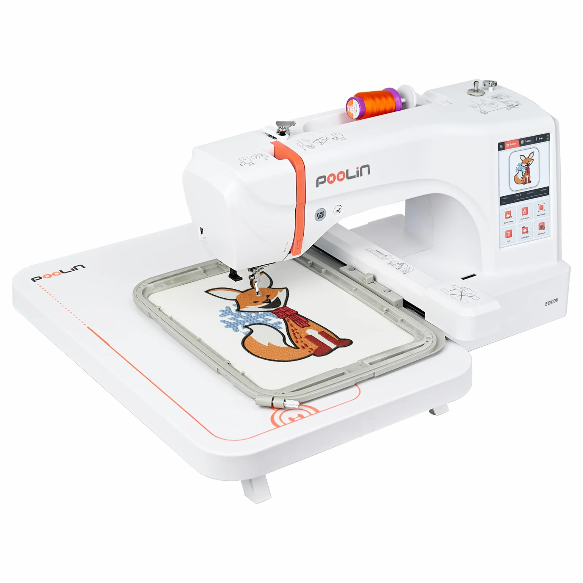 POOLIN EOC06 Máquina de Bordar, 20x28 cm Área de Bordado,Incluye 4 bastidores,Pantalla Táctil LCD de Computadora de 18 cm, Equipada con Hilo, Estabilizador, Canilla,Principiantes Para Uso Doméstico