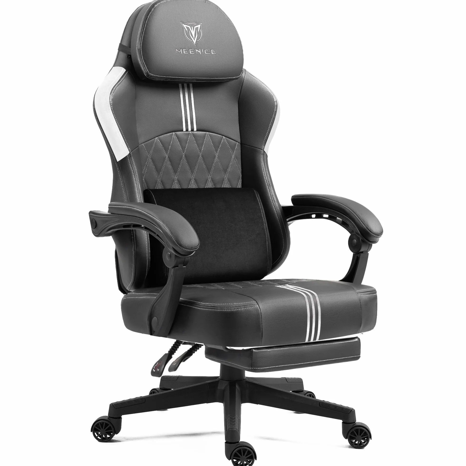 Silla de gaming con cojín de muelles ensacados y gel de refrigeración, sillón de masaje para juegos con reposapiés, silla ergonómica de juego de espalda alta para adultos, negro y blanco