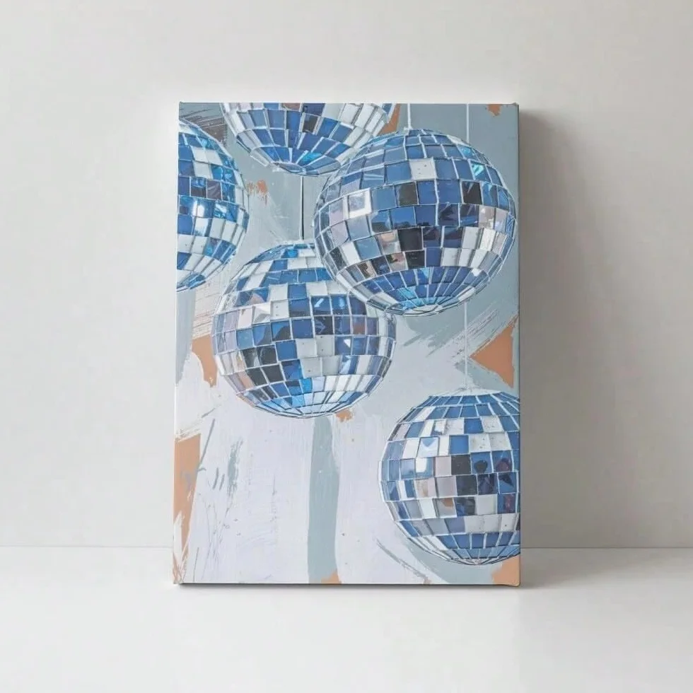 AIHNBF Bola de discoteca azul Lienzo de pared para sala de estar, vibrante pop art decoración de fiesta, imagen moderna de bolas de espejo reflectantes, 50 x 75 cm